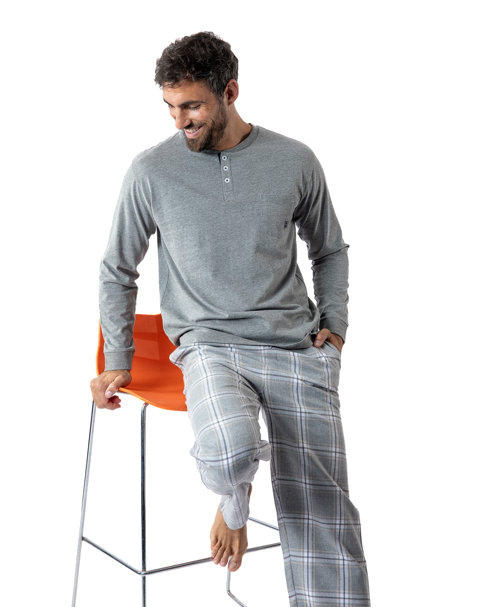 Pyjama Long col boutonné en jersey de coton anthracite chiné et flanelle H420