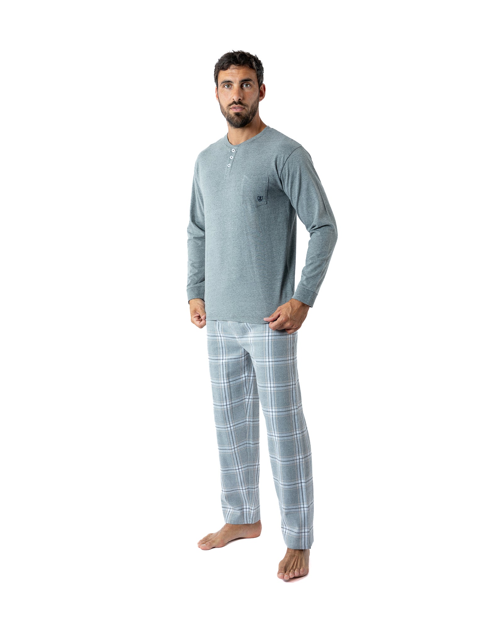 Pyjama Long col boutonné en jersey de coton anthracite chiné et flanelle H420