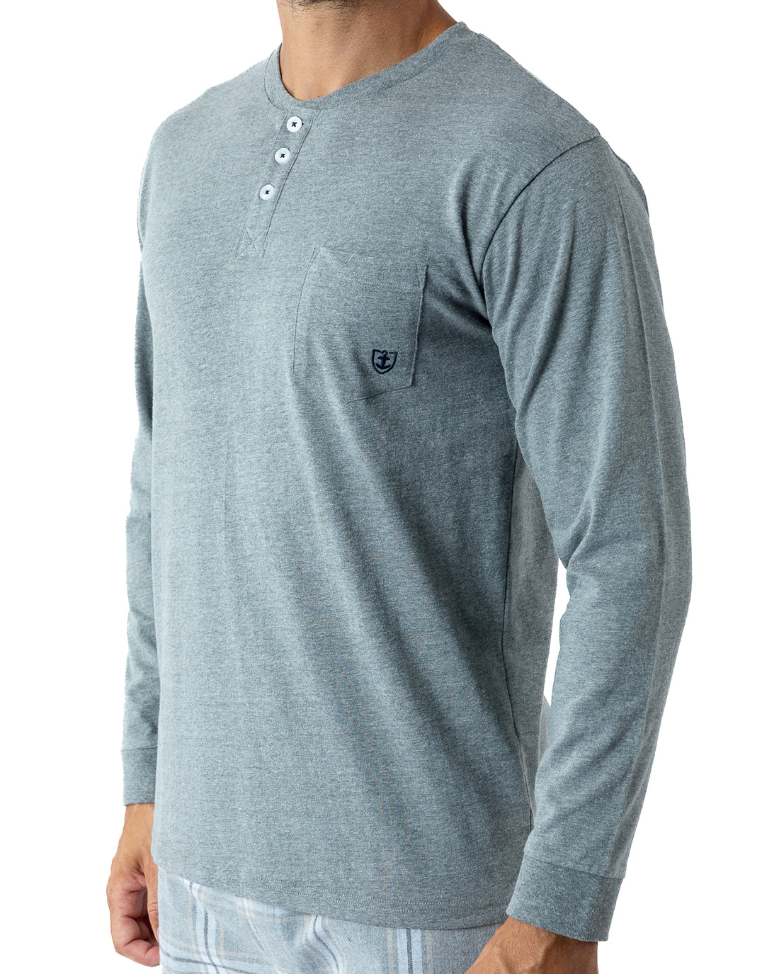 Pyjama Long col boutonné en jersey de coton anthracite chiné et flanelle H420