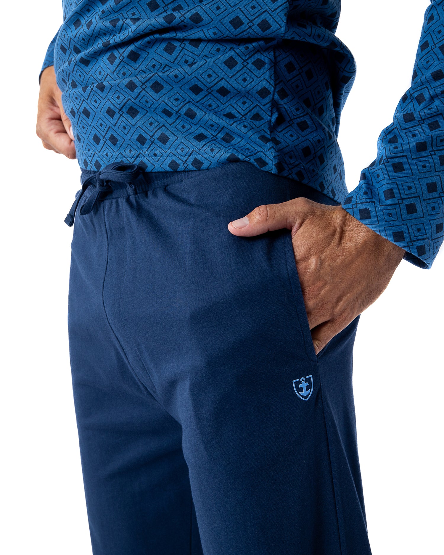 Pyjama Col V imprimé en Jersey de pur coton Indigo et Marine H433