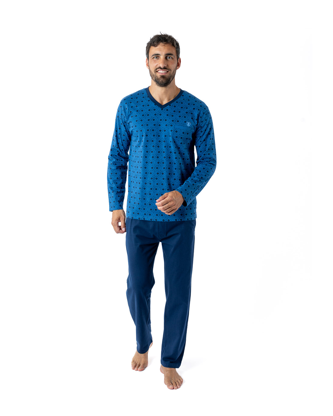 Pyjama Col V imprimé en Jersey de pur coton Indigo et Marine H433