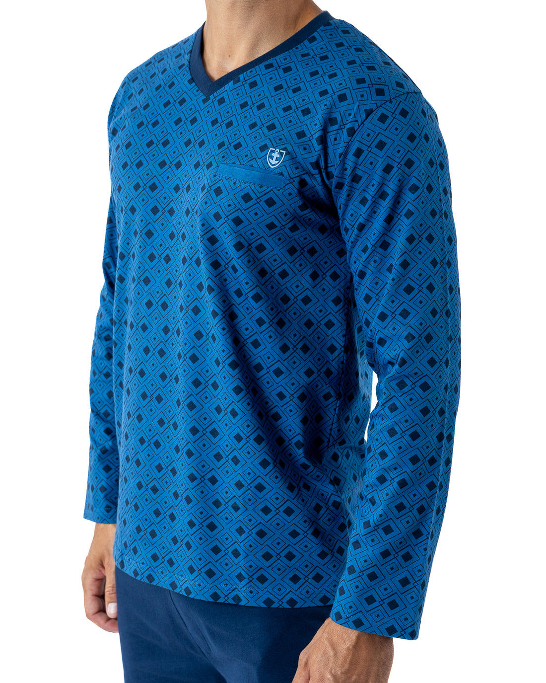 Pyjama Col V imprimé en Jersey de pur coton Indigo et Marine H433