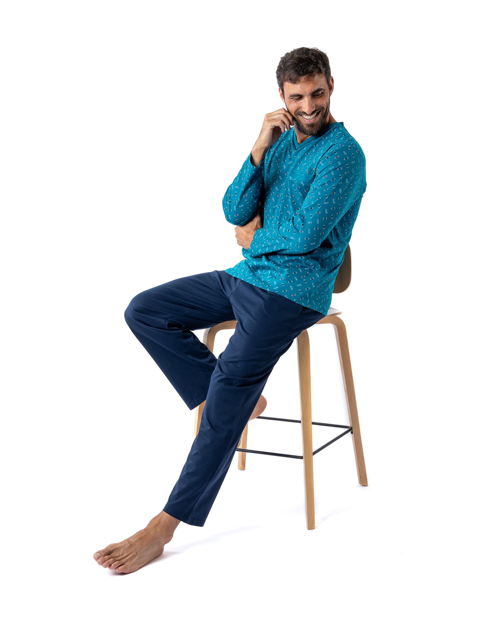Pyjama Col V en Jersey de Coton Mercerisé Imprimé Bleu pétrole H459