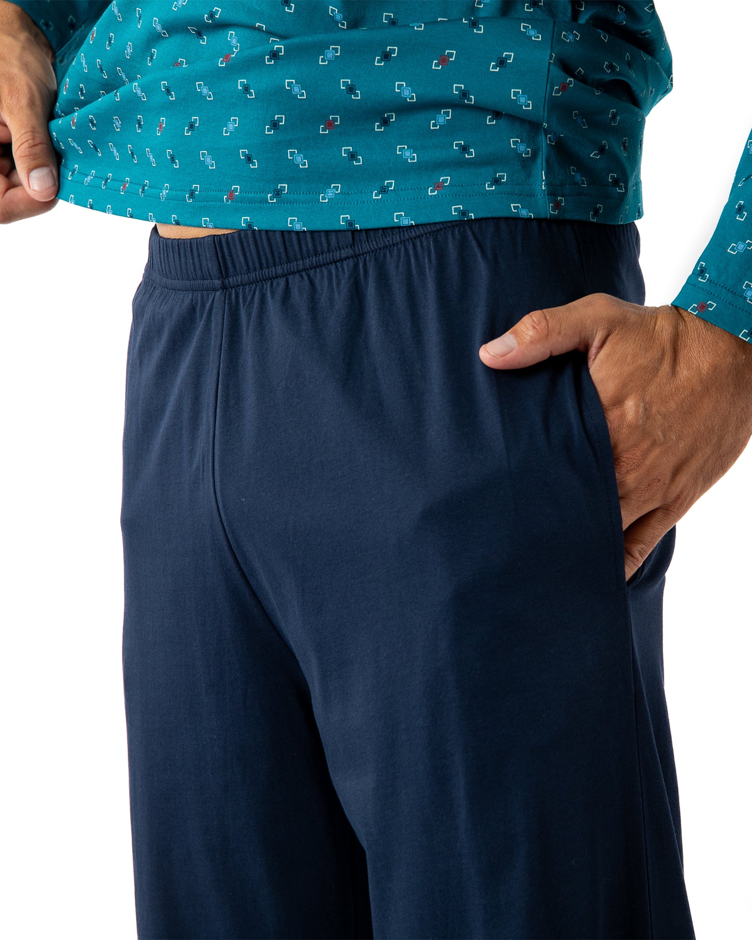 Pyjama Col V en Jersey de Coton Mercerisé Imprimé Bleu pétrole