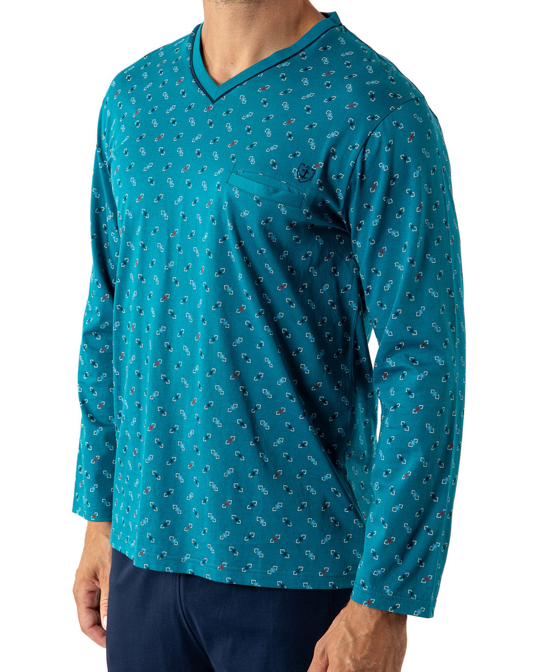 Pyjama Col V en Jersey de Coton Mercerisé Imprimé Bleu pétrole H459