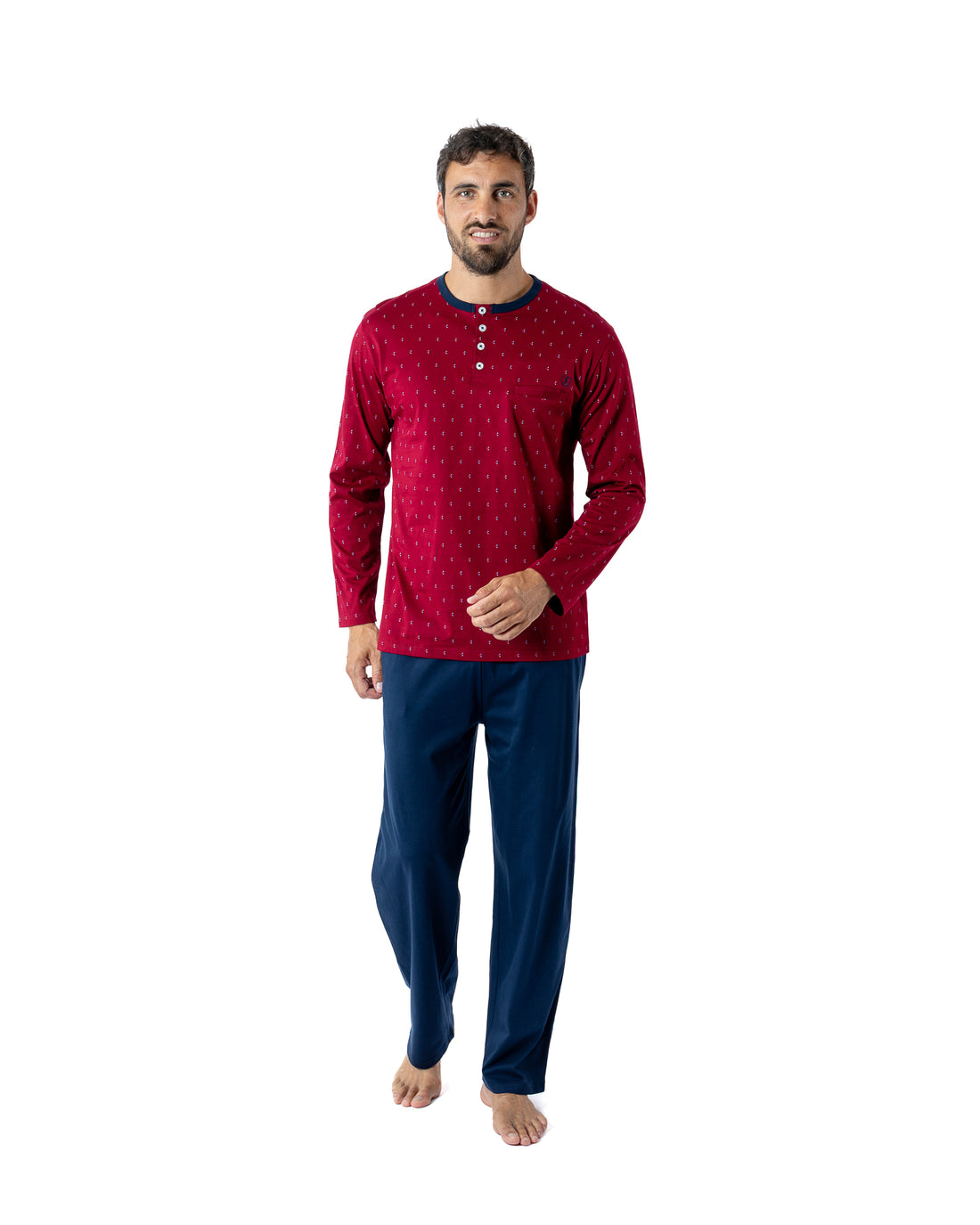 Pyjama long pour homme Col Boutonné en Jersey Mercerisé Imprimé Bordeaux H461