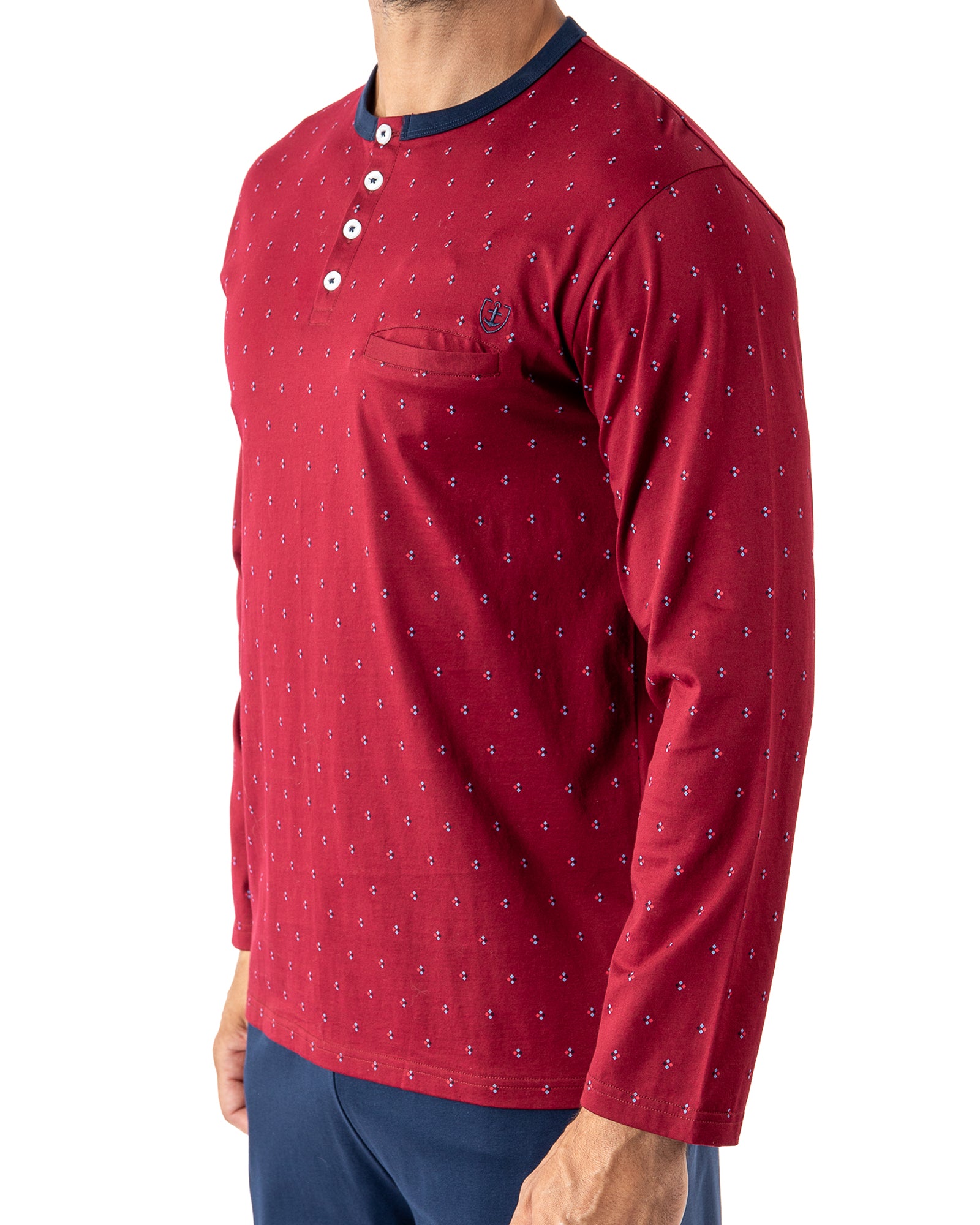 Pyjama long pour homme Col Boutonné en Jersey Mercerisé Imprimé Bordeaux H461