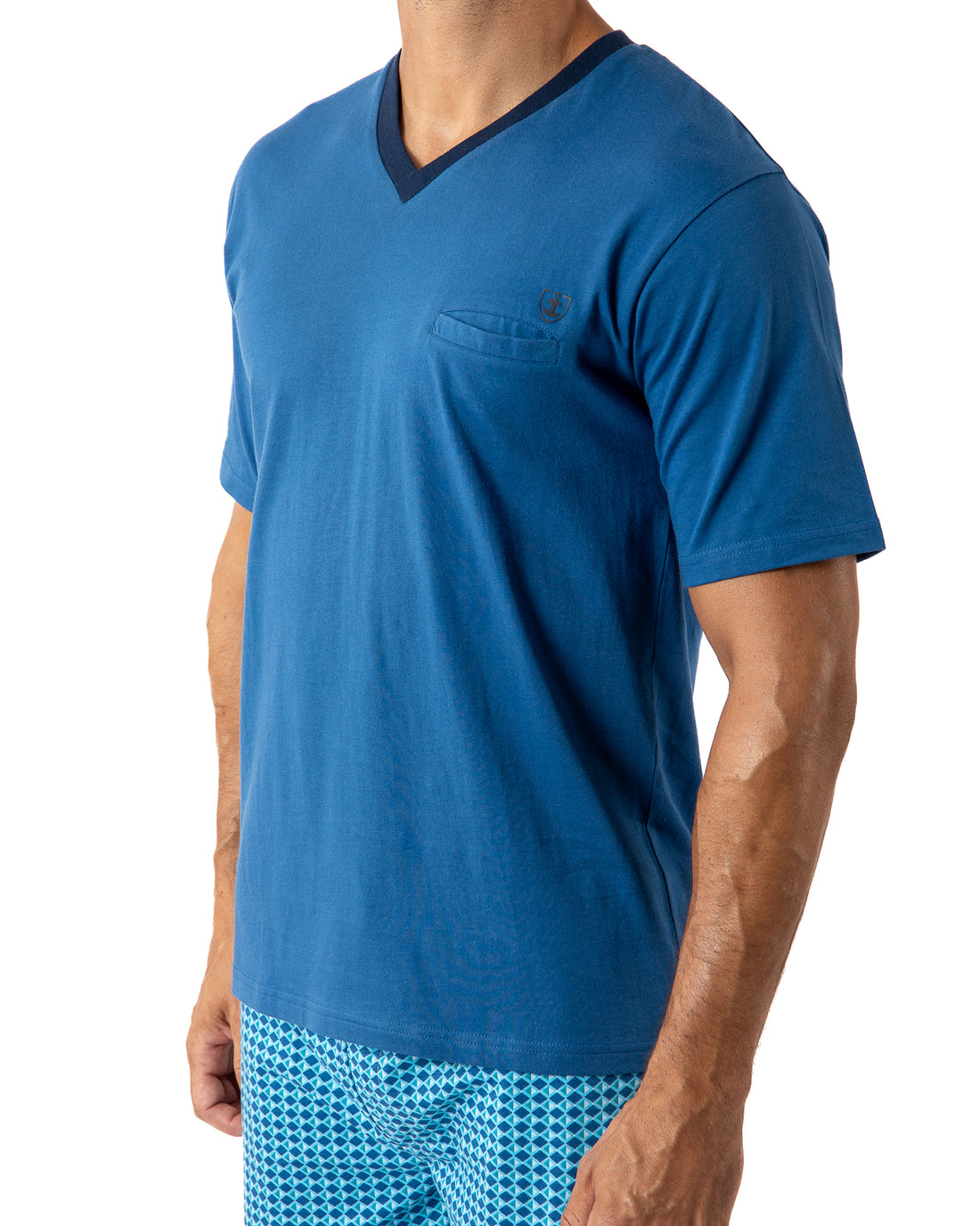 Pyjacourt Homme Col V en jersey de Coton imprimé graphique Indigo H504