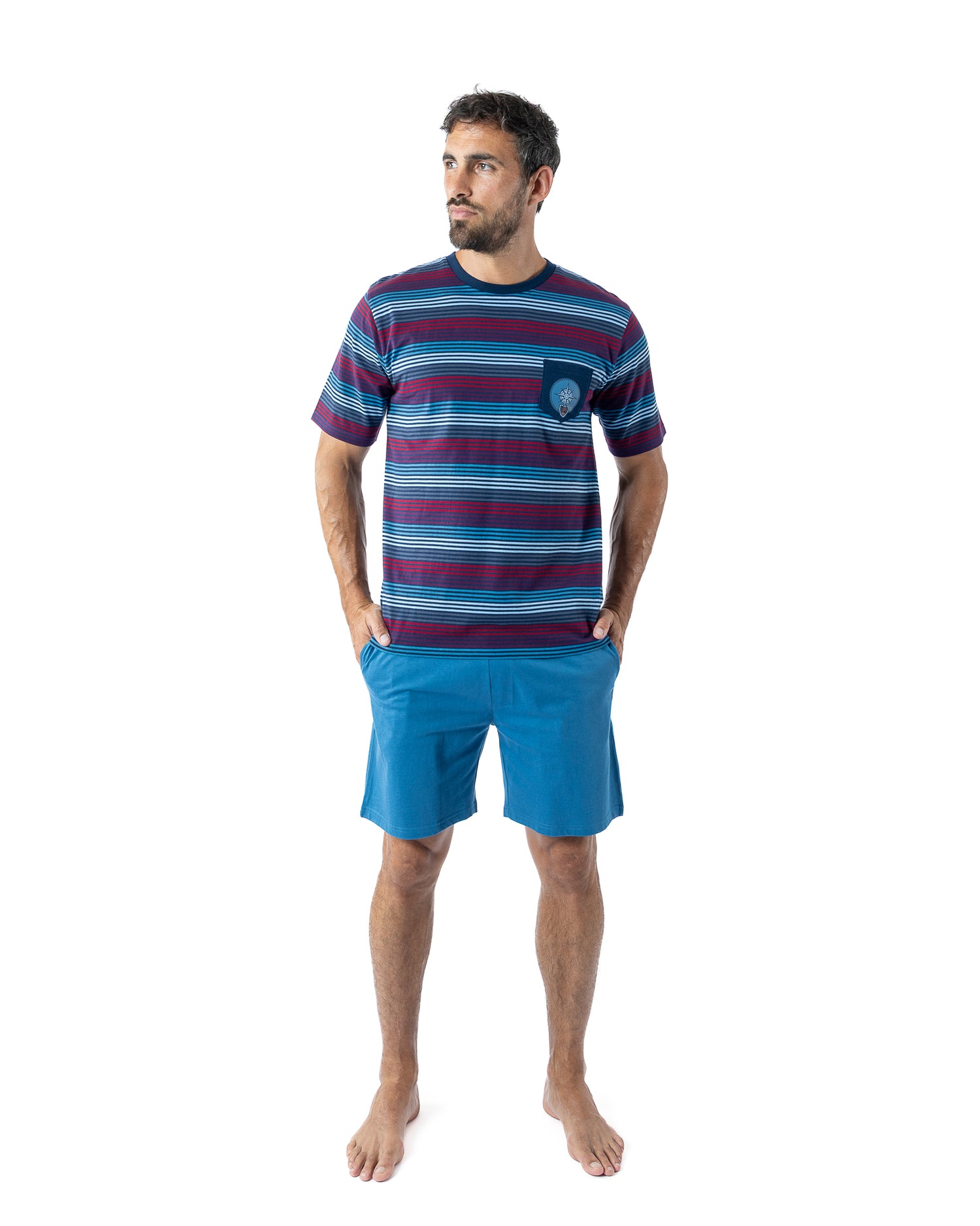 Pyjashort Homme Col Rond en Coton rayé fils teints Marine H508