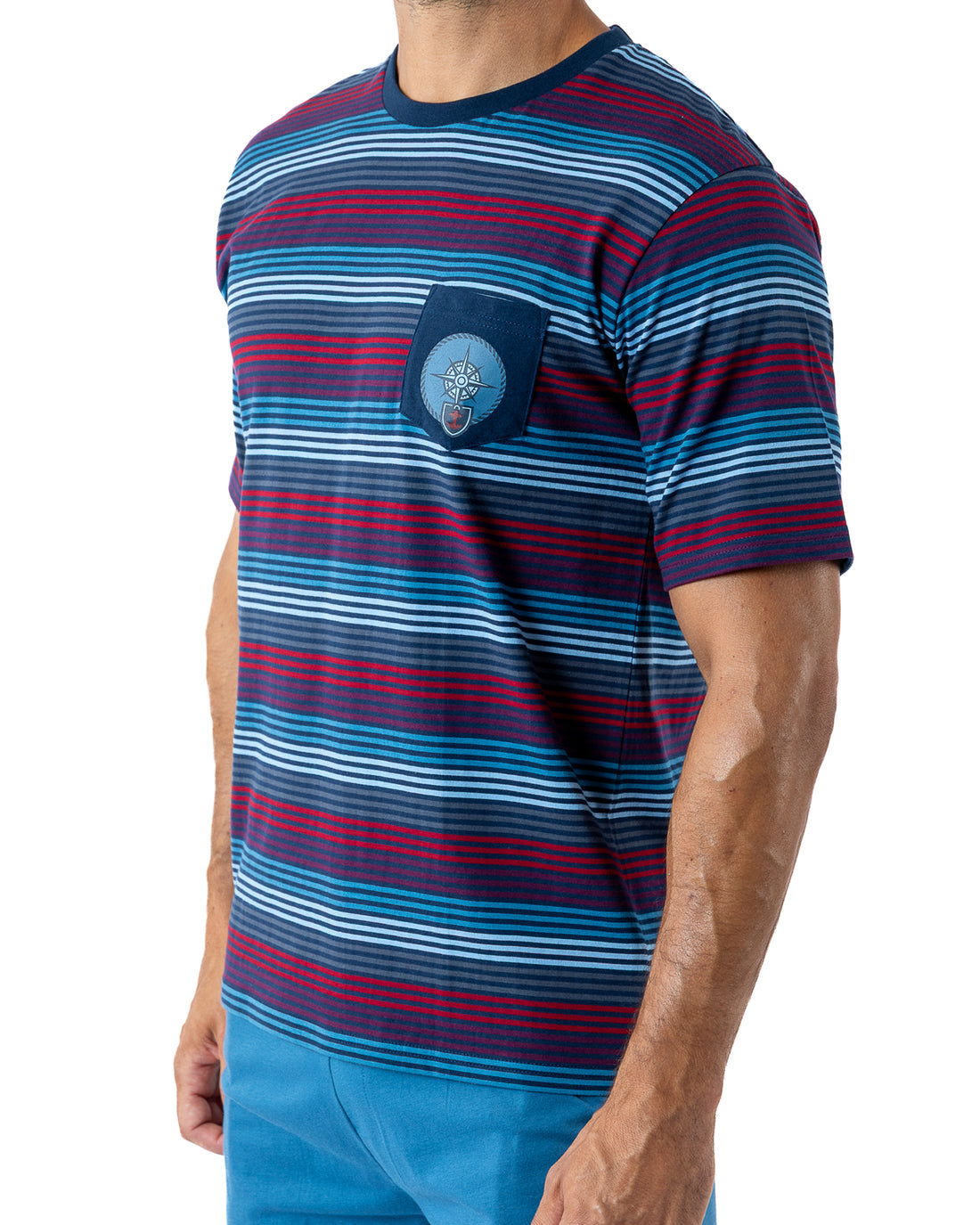 Pyjashort Homme Col Rond en Coton rayé fils teints Marine H508