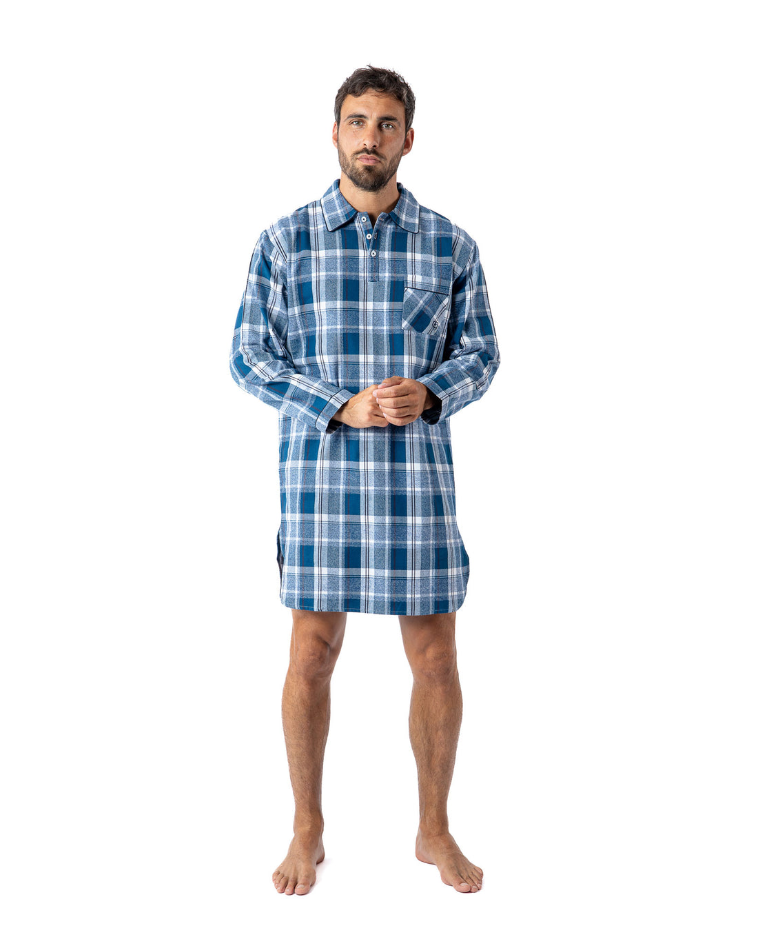Liquette Col boutonné en Flanelle de Pur Coton Peigné à carreaux Bleu H802