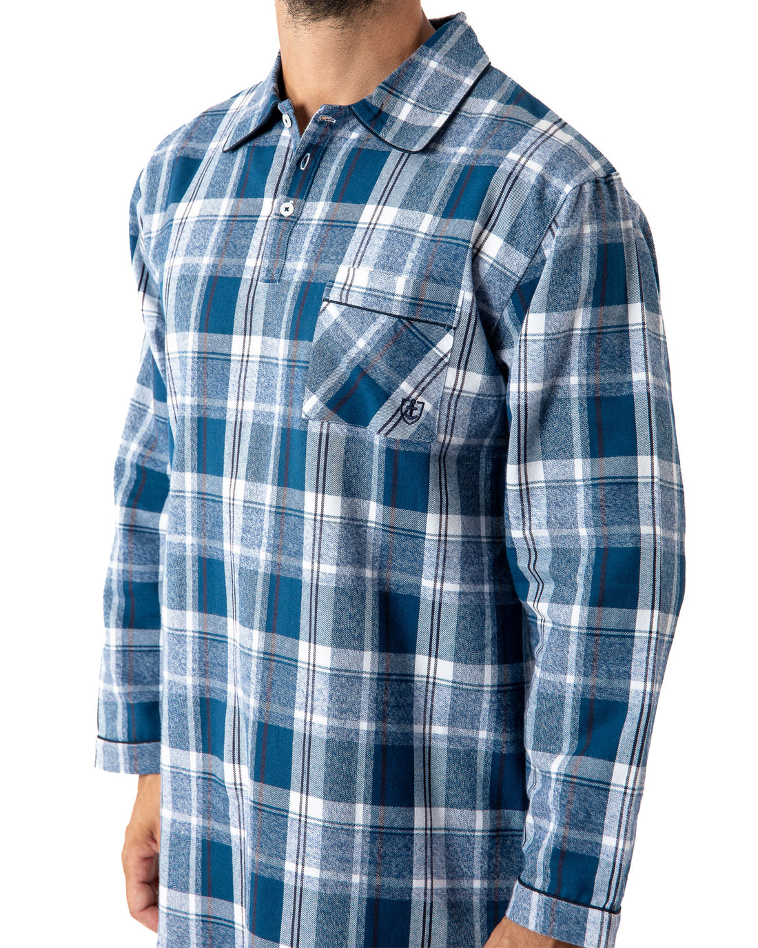 Liquette Col boutonné en Flanelle de Pur Coton Peigné à carreaux Bleu H802