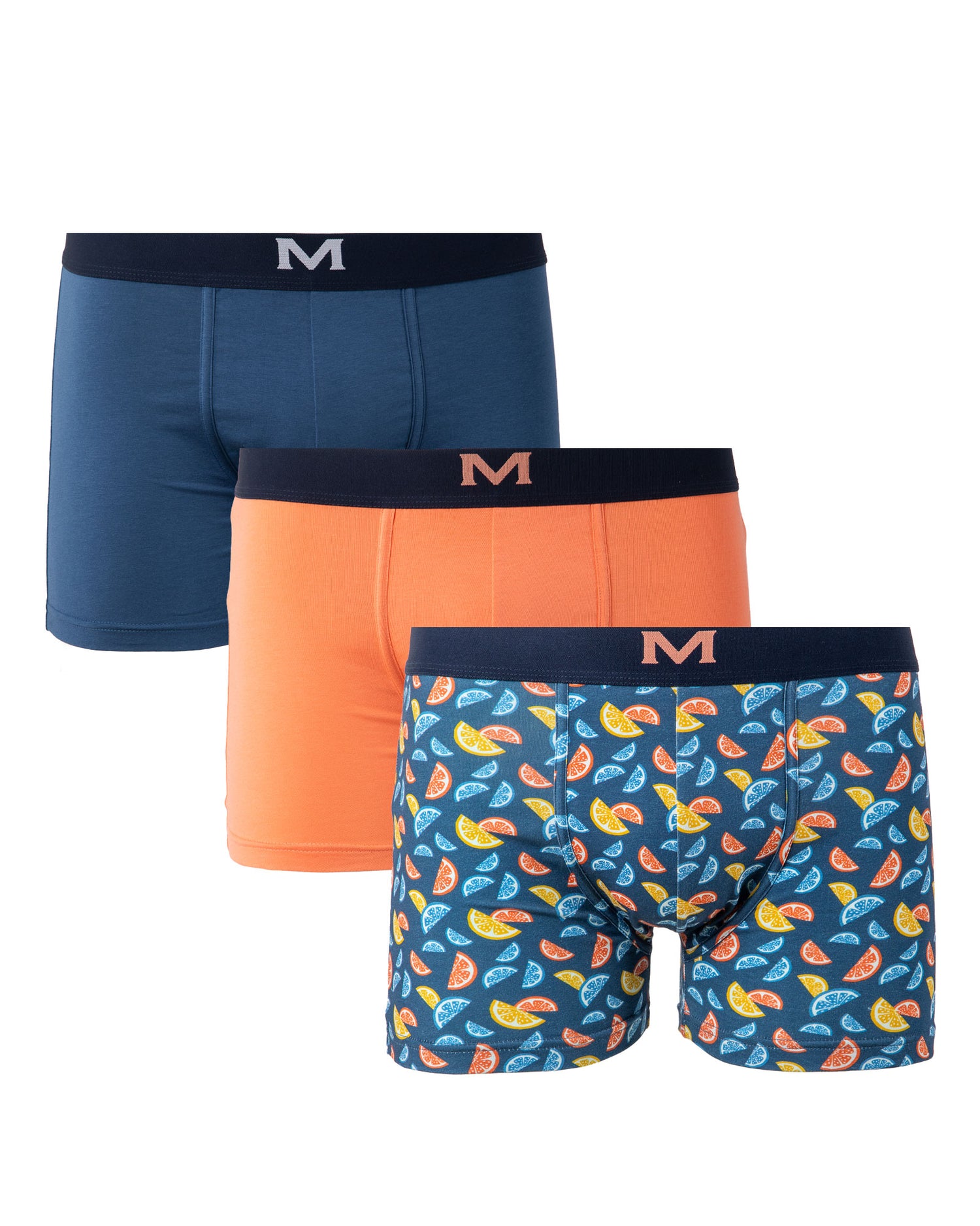 packs de 3 Boxers en Coton BIO Stretch INDIGO/ORANGE/IMPRIME I205.3