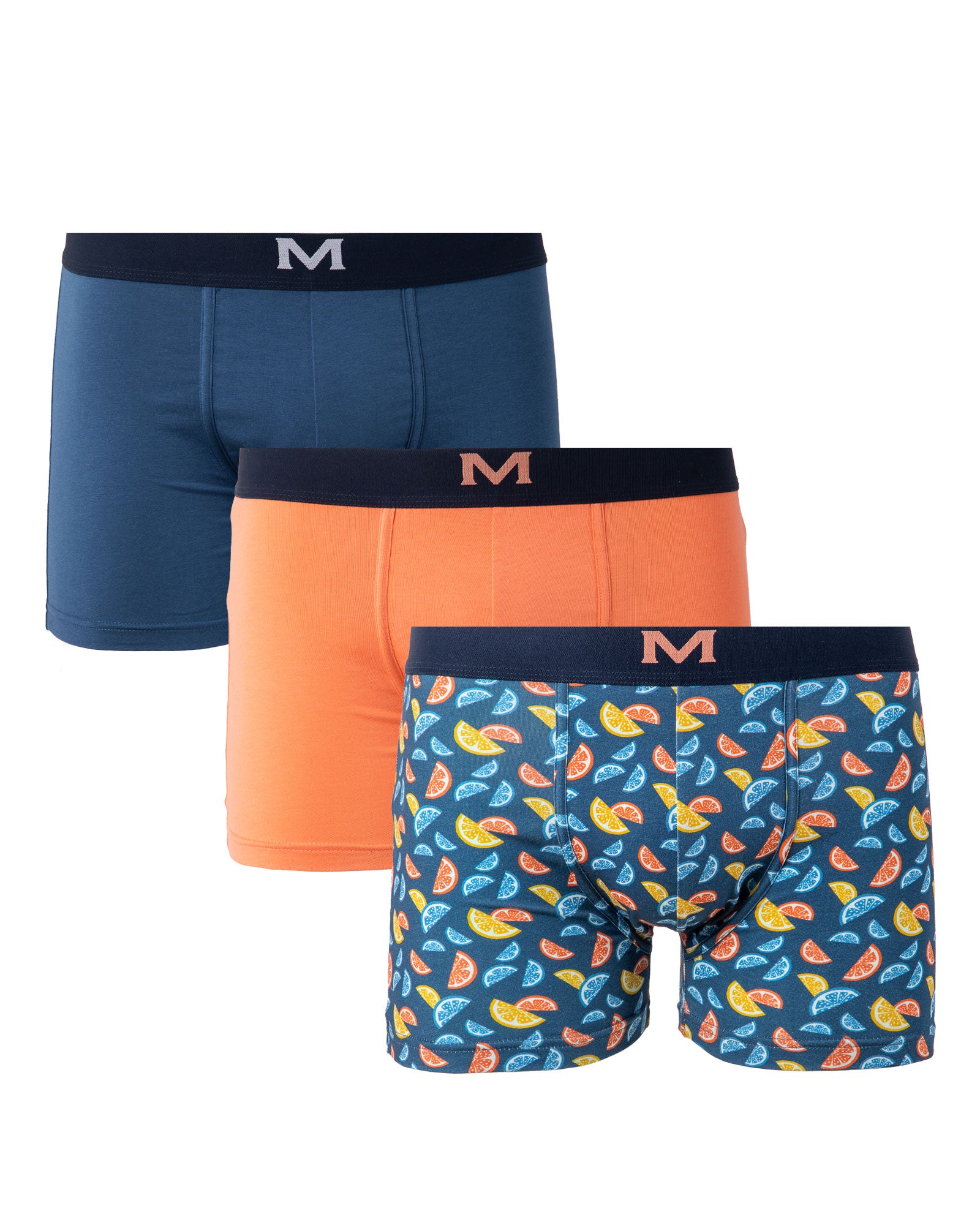 packs de 3 Boxers en Coton BIO Stretch INDIGO/ORANGE/IMPRIME I205.3
