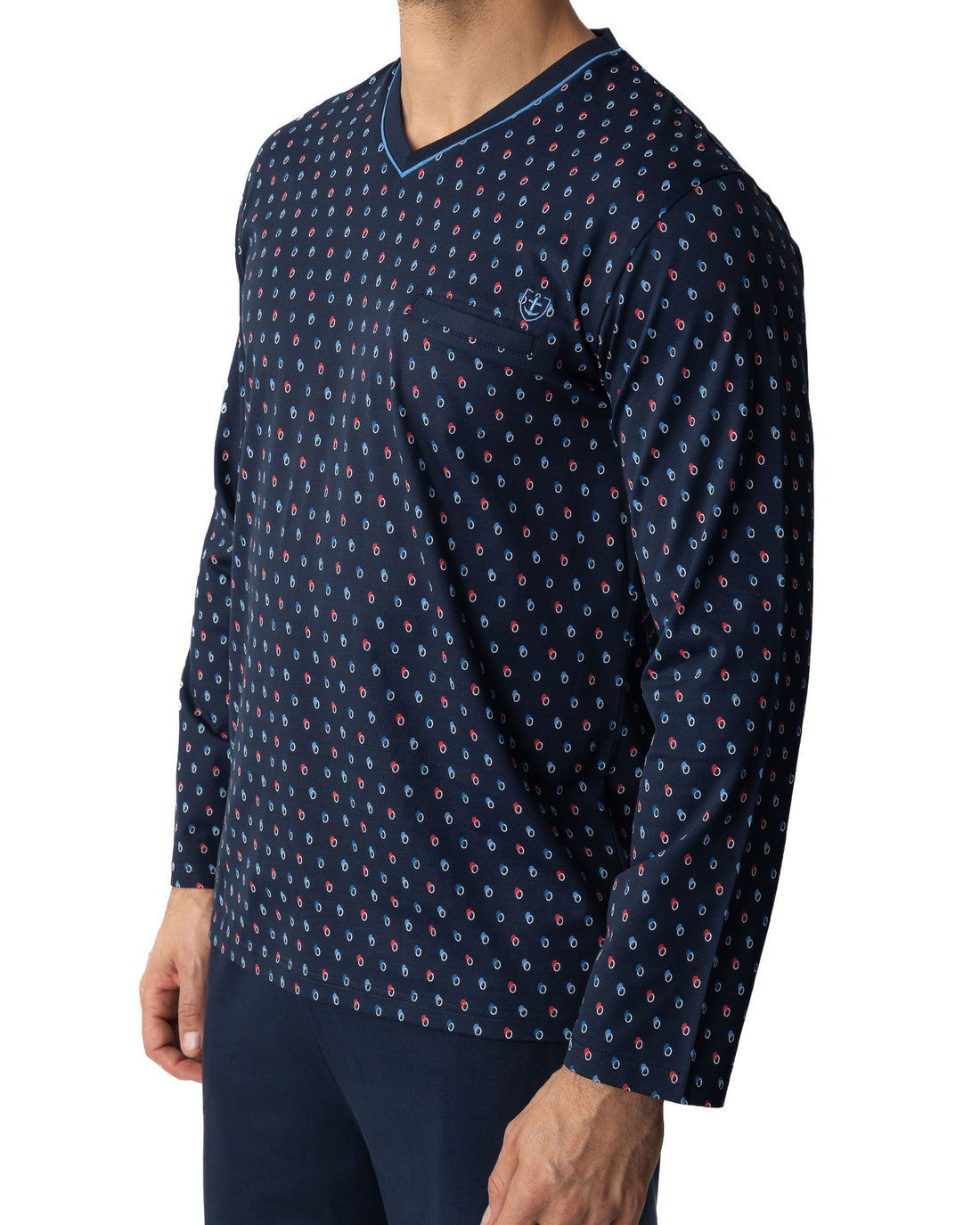 Pyjama long Col V en Jersey de Coton Mercerisé Imprimé Marine I466