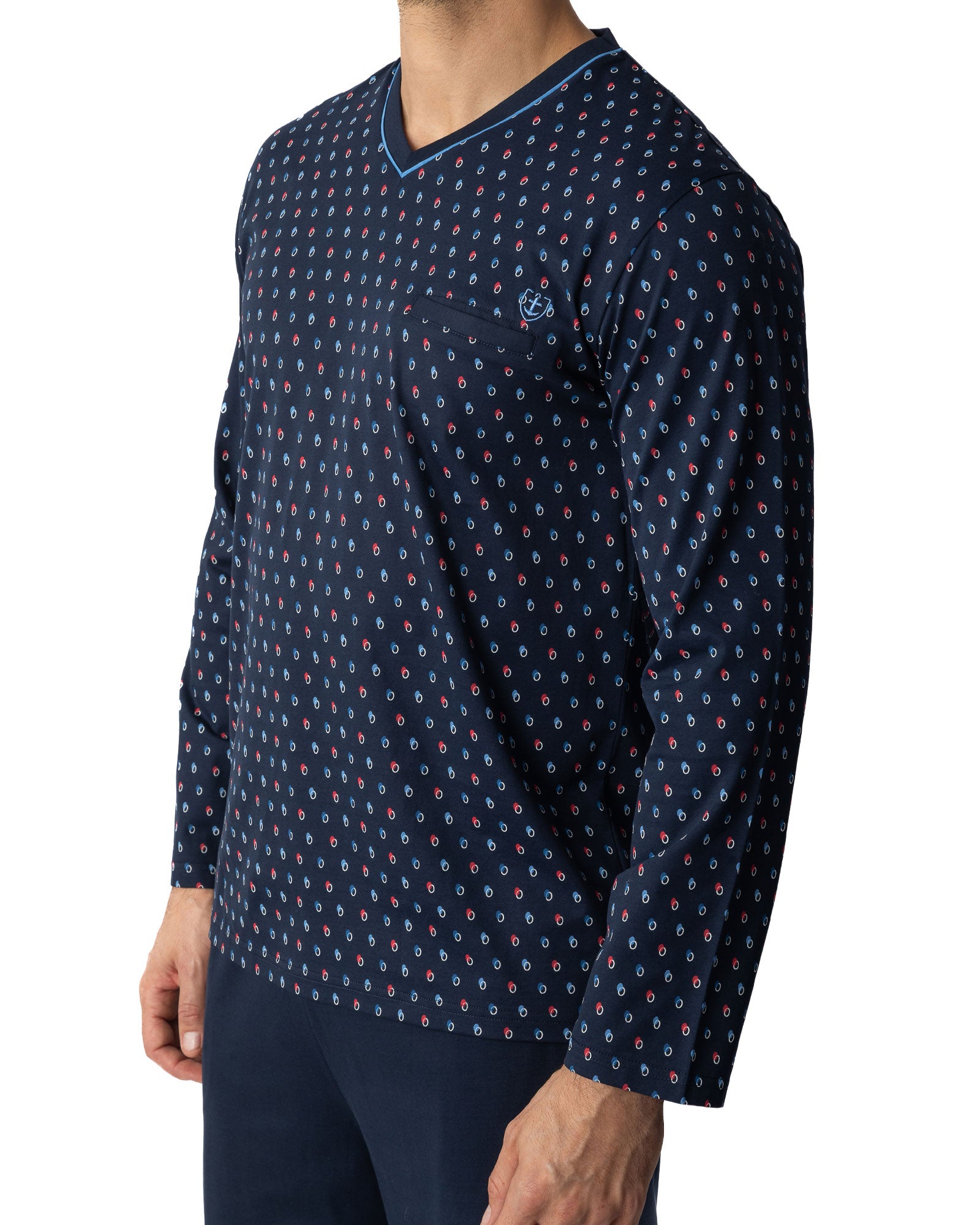 Pyjama long Col V en Jersey de Coton Mercerisé Imprimé Marine I466