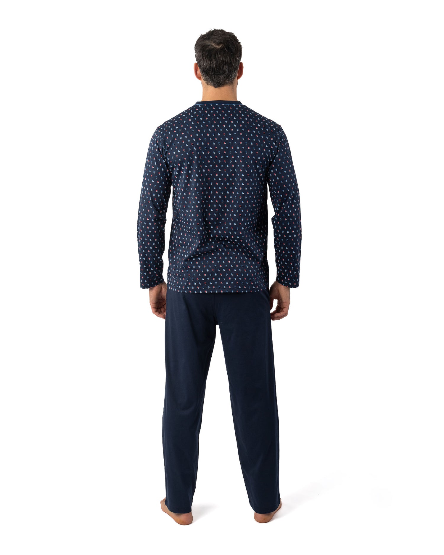Pyjama long Col V en Jersey de Coton Mercerisé Imprimé Marine I466
