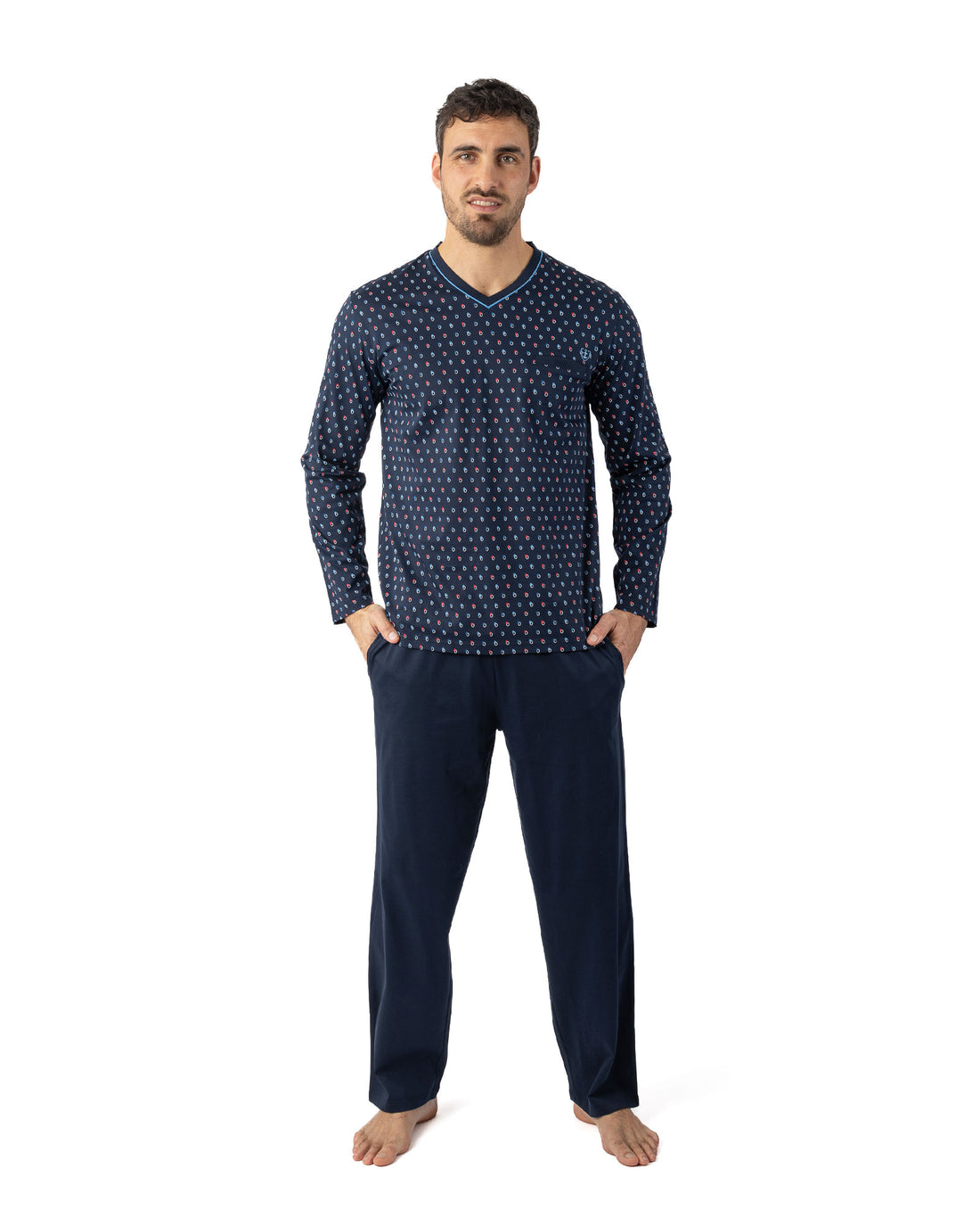 Pyjama long Col V en Jersey de Coton Mercerisé Imprimé Marine I466