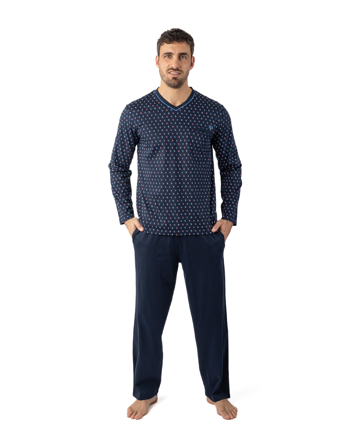 Pyjama long Col V en Jersey de Coton Mercerisé Imprimé Marine I466