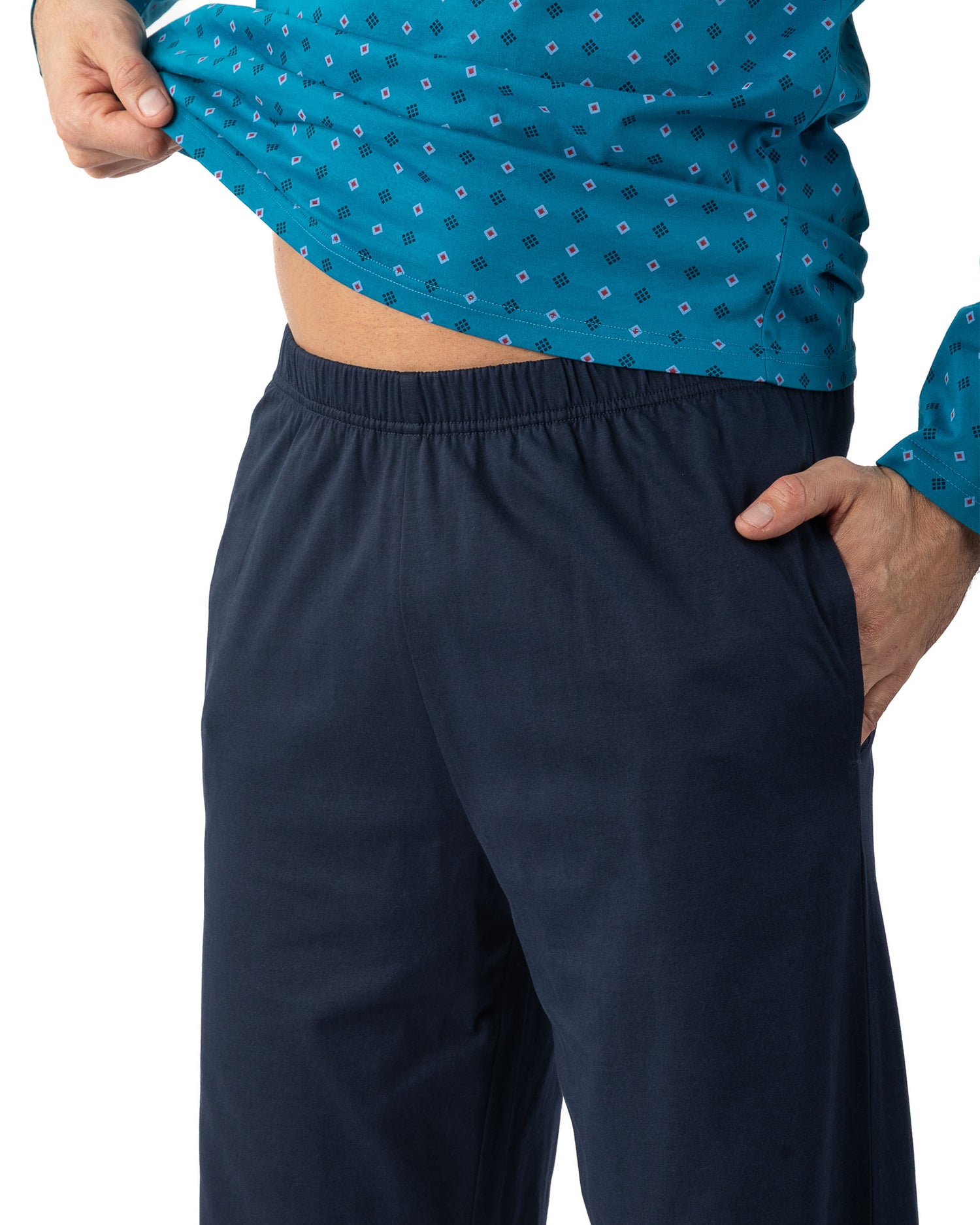 Pyjama long Col V en Jersey de Coton Mercerisé Imprimé Pétrole I468