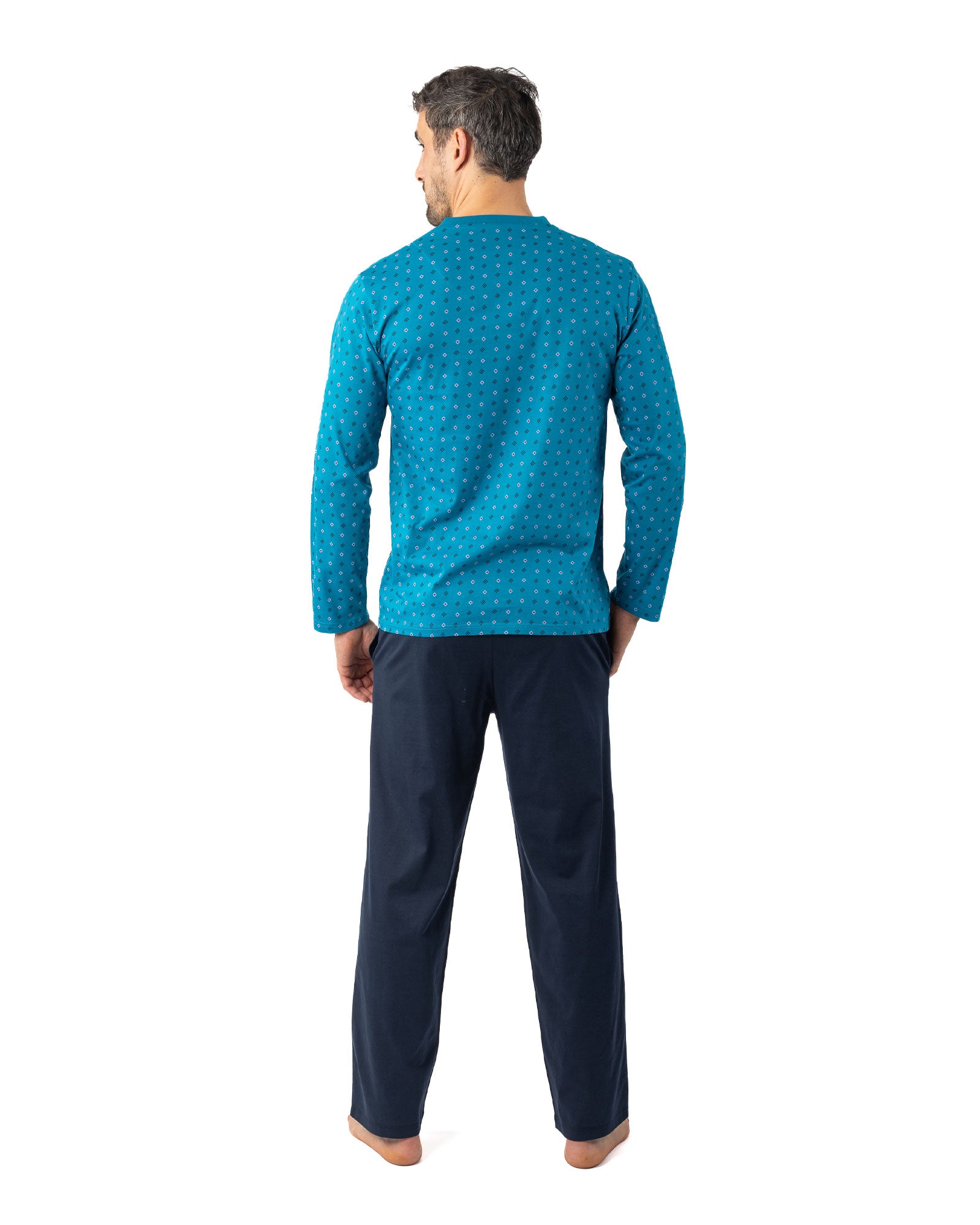 Pyjama long Col V en Jersey de Coton Mercerisé Imprimé Pétrole I468