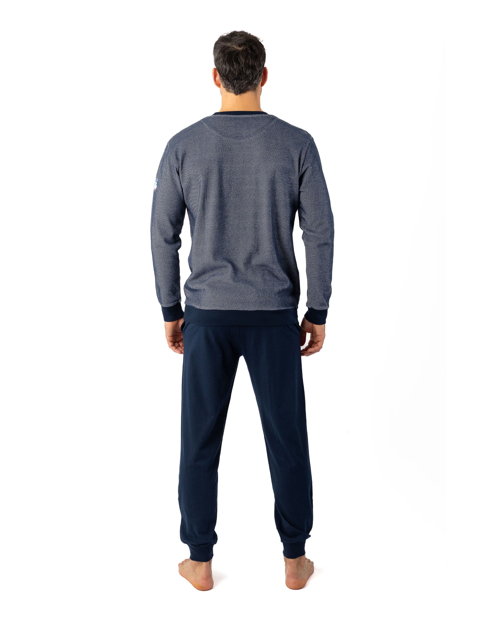 Pyjama homme Col rond maille Piqué jacquard en coton Marine I470
