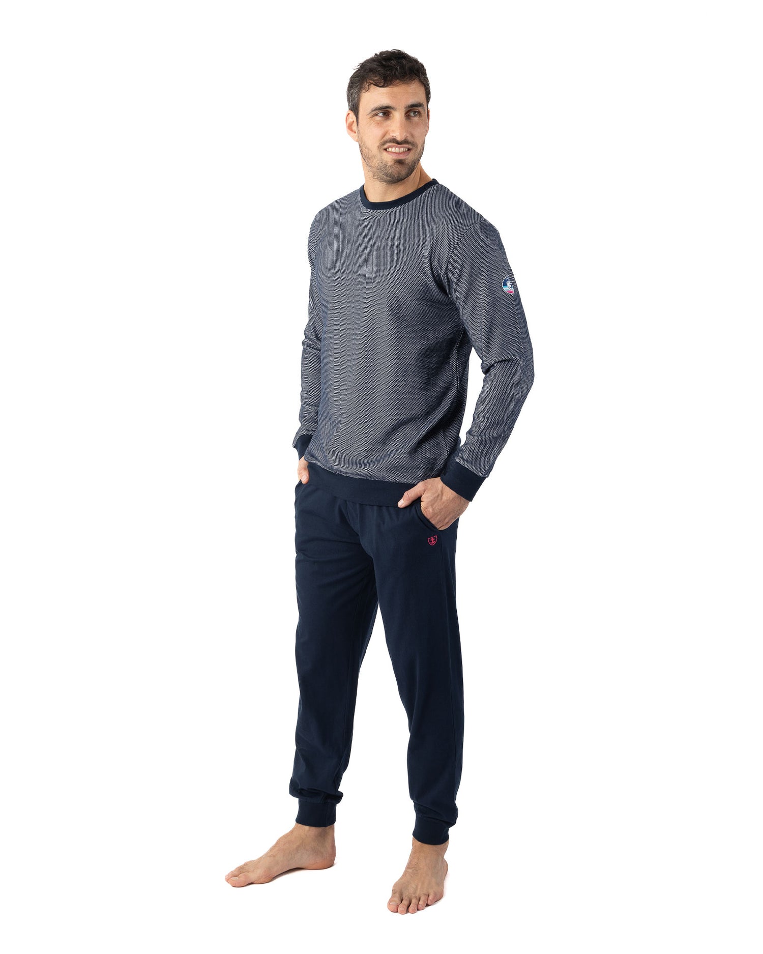 Pyjama homme Col rond maille Piqué jacquard en coton Marine I470