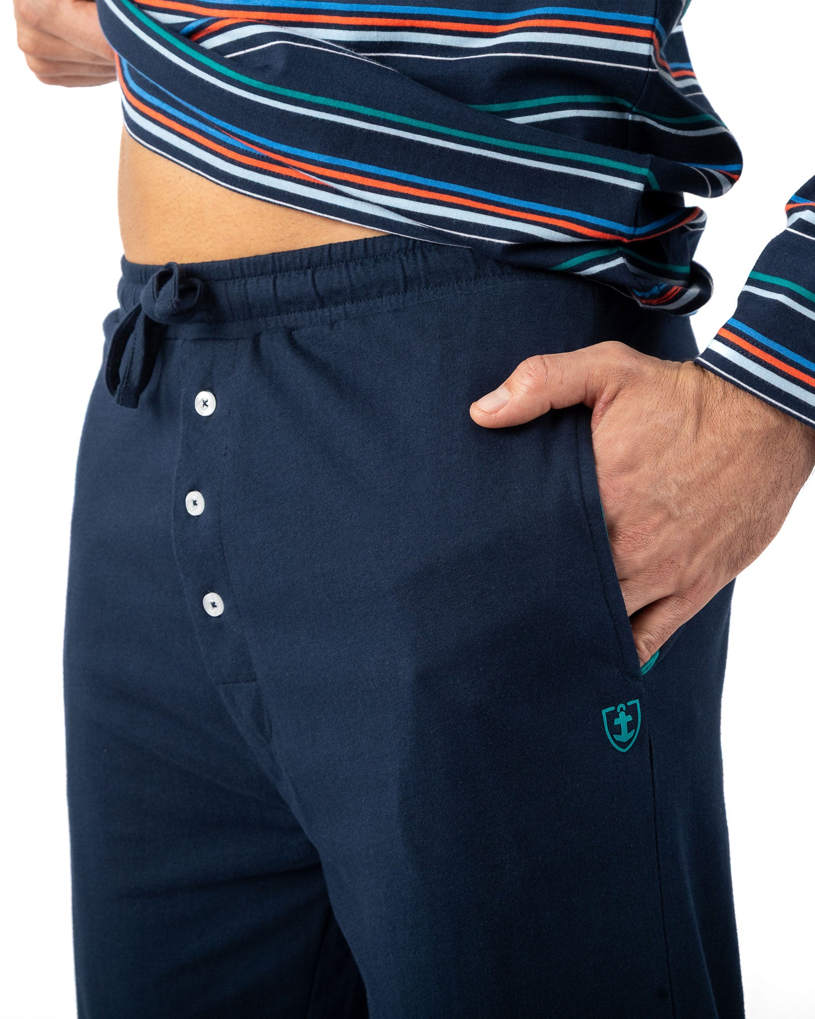 Pyjama long pour homme Col V en Jersey Pur Coton rayé Marine I471