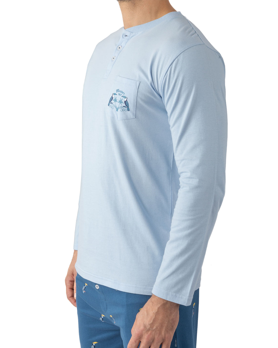 Pyjama Long Homme Col Boutonné en jersey de coton peigné Ciel et bleu nuit I473