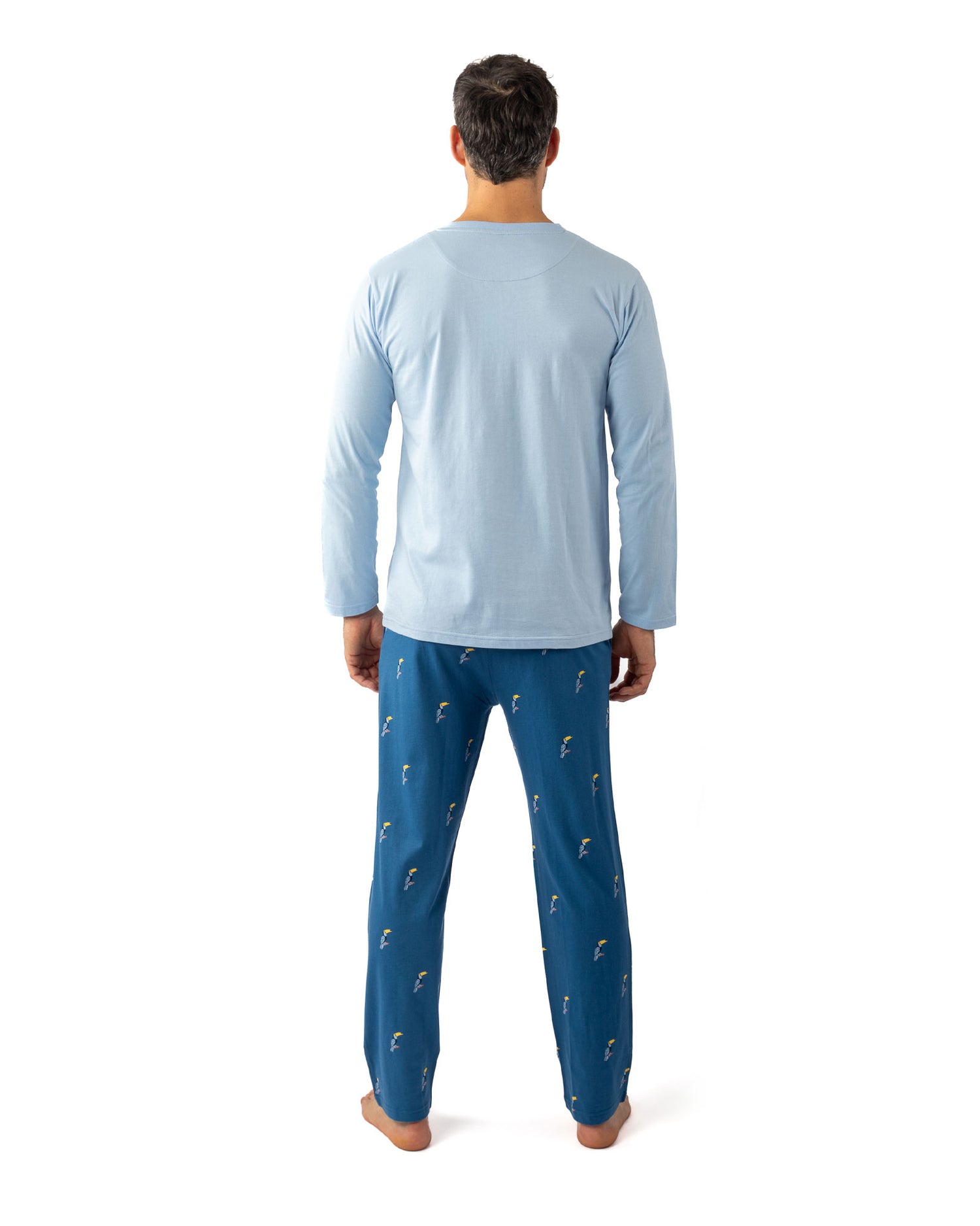 Pyjama Long Homme Col Boutonné en jersey de coton peigné Ciel et bleu nuit I473