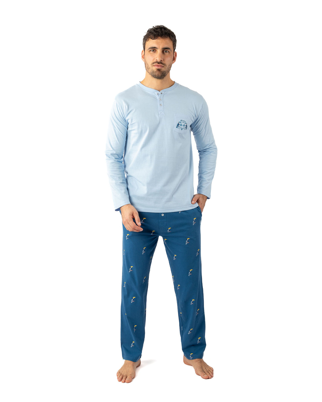 Pyjama Long Homme Col Boutonné en jersey de coton peigné Ciel et bleu nuit I473