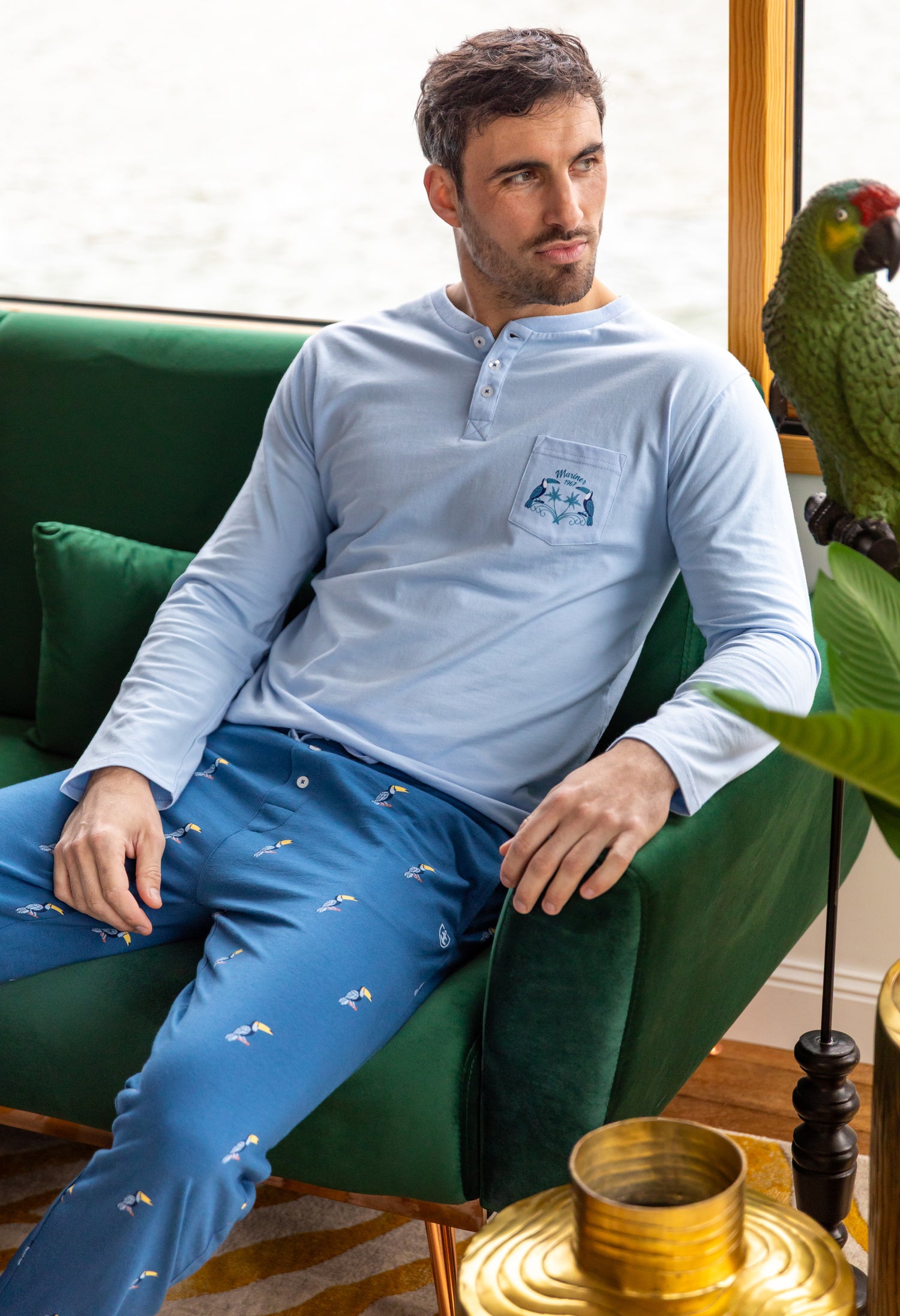 Lange herenpyjama met button-downkraag in gekamde katoenjersey Hemelsblauw en middernachtblauw I473