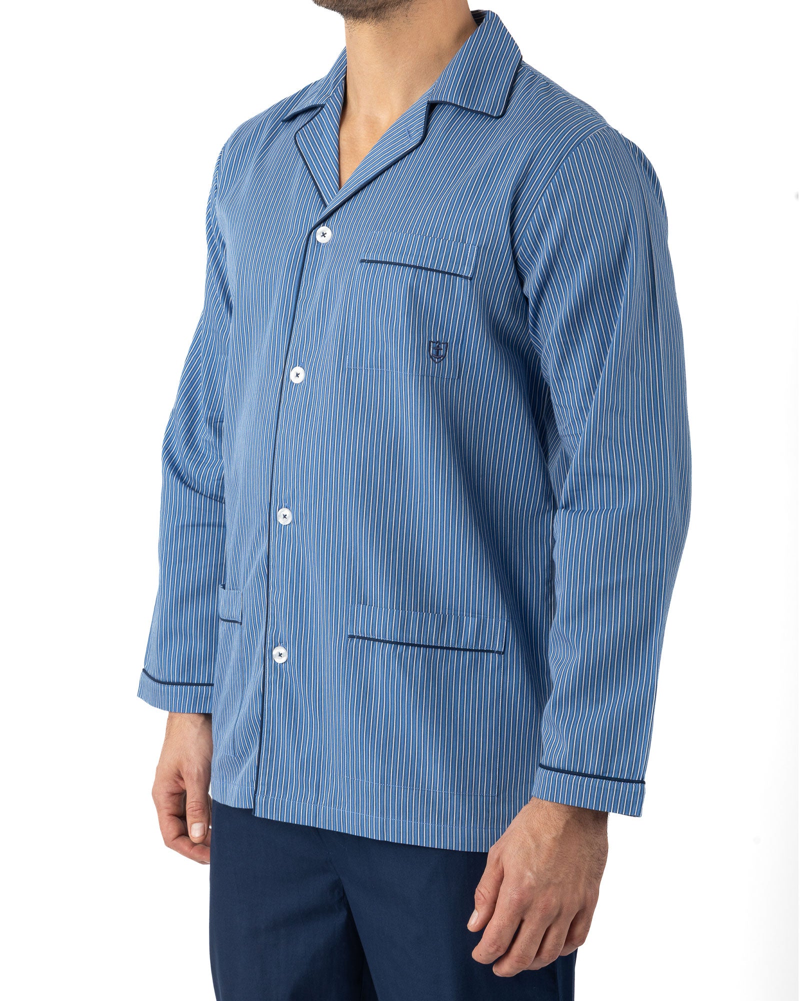 Pyjama Long Ouvert en popeline Rayée de Pur Coton Peigné BLEU I474