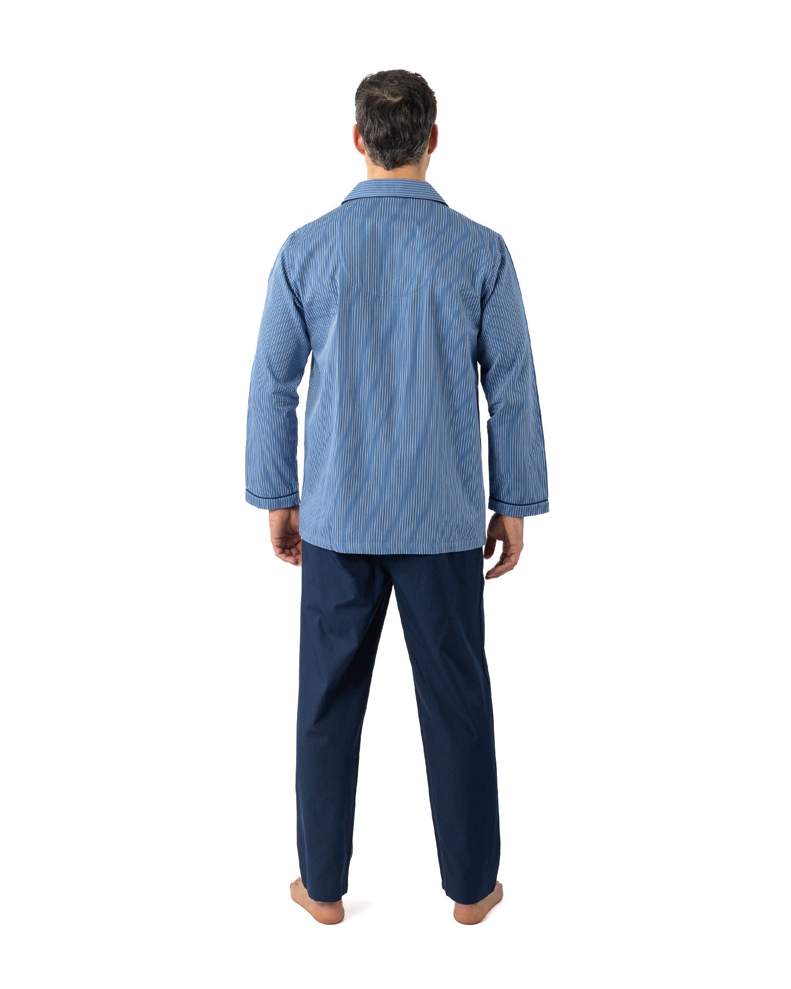 Pyjama Long Ouvert en popeline Rayée de Pur Coton Peigné BLEU I474