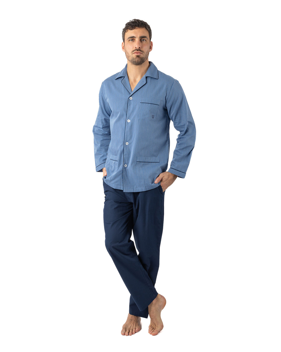 Pyjama Long Ouvert en popeline Rayée de Pur Coton Peigné BLEU I474
