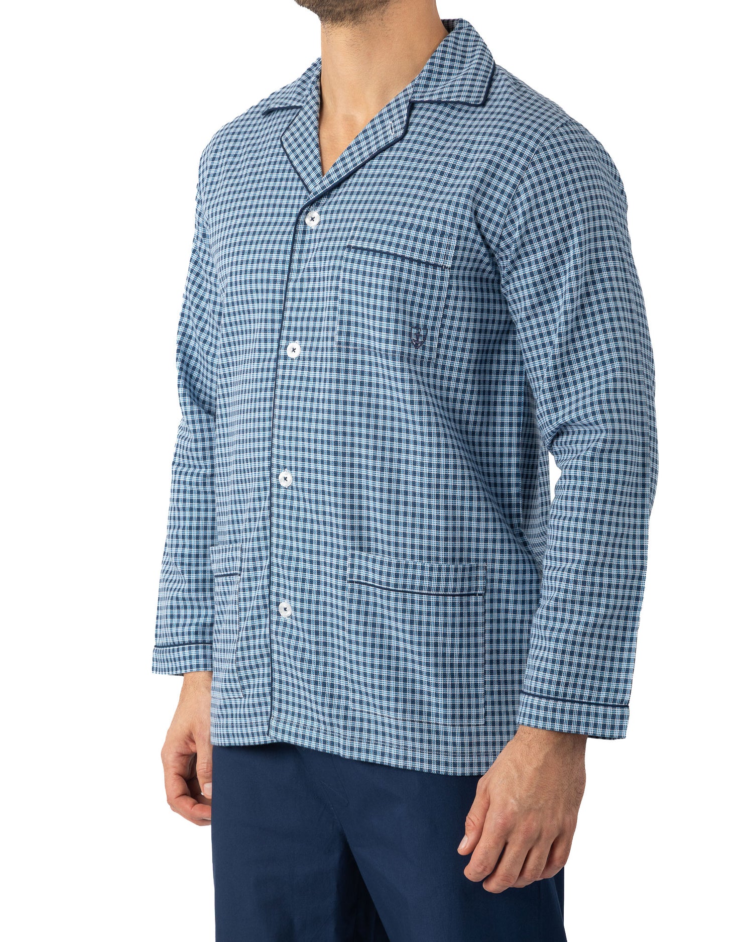 Pyjama Long Ouvert en popeline à carreaux de Pur Coton Peigné MARINE I476