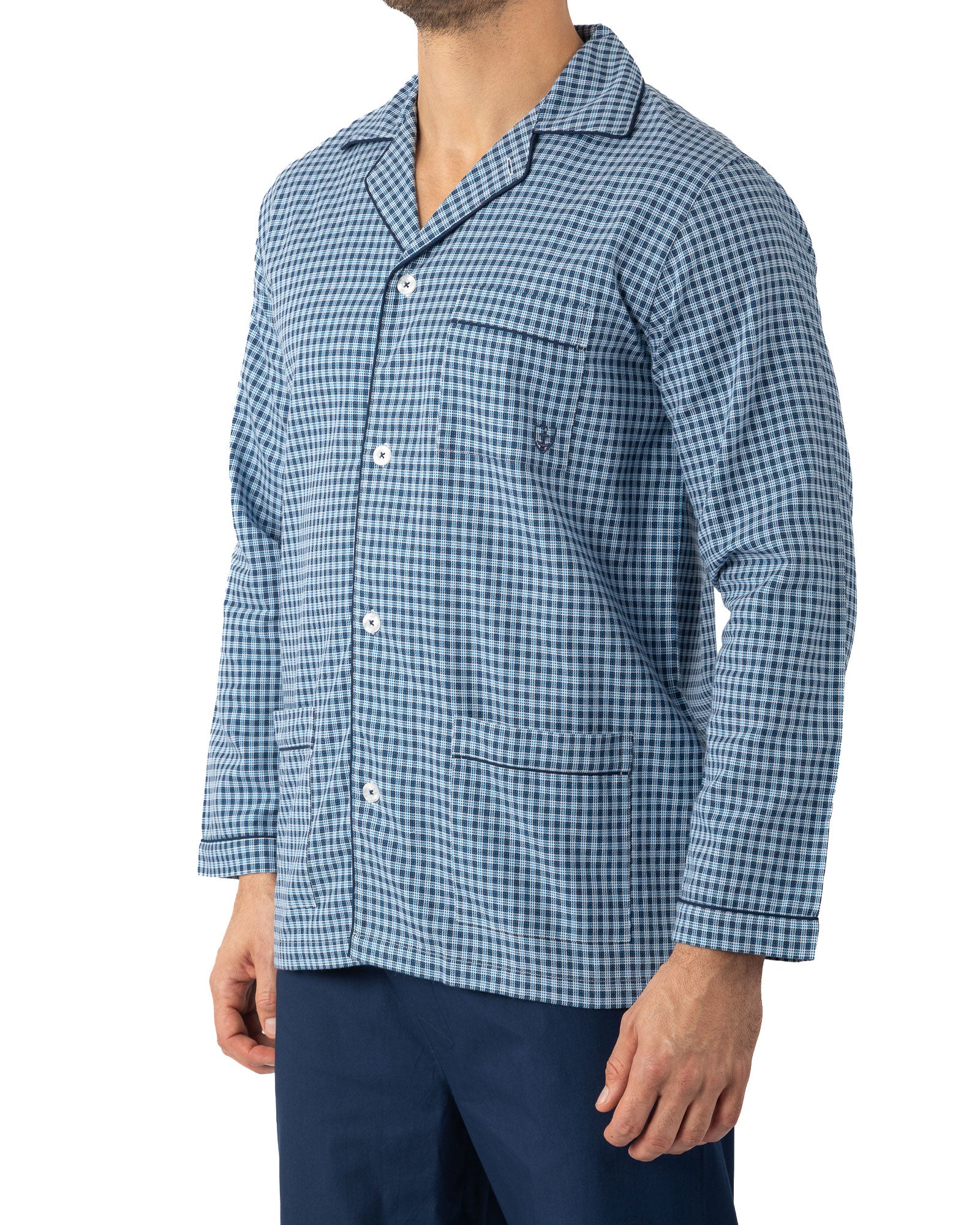 Pyjama Long Ouvert en popeline à carreaux de Pur Coton Peigné MARINE I476