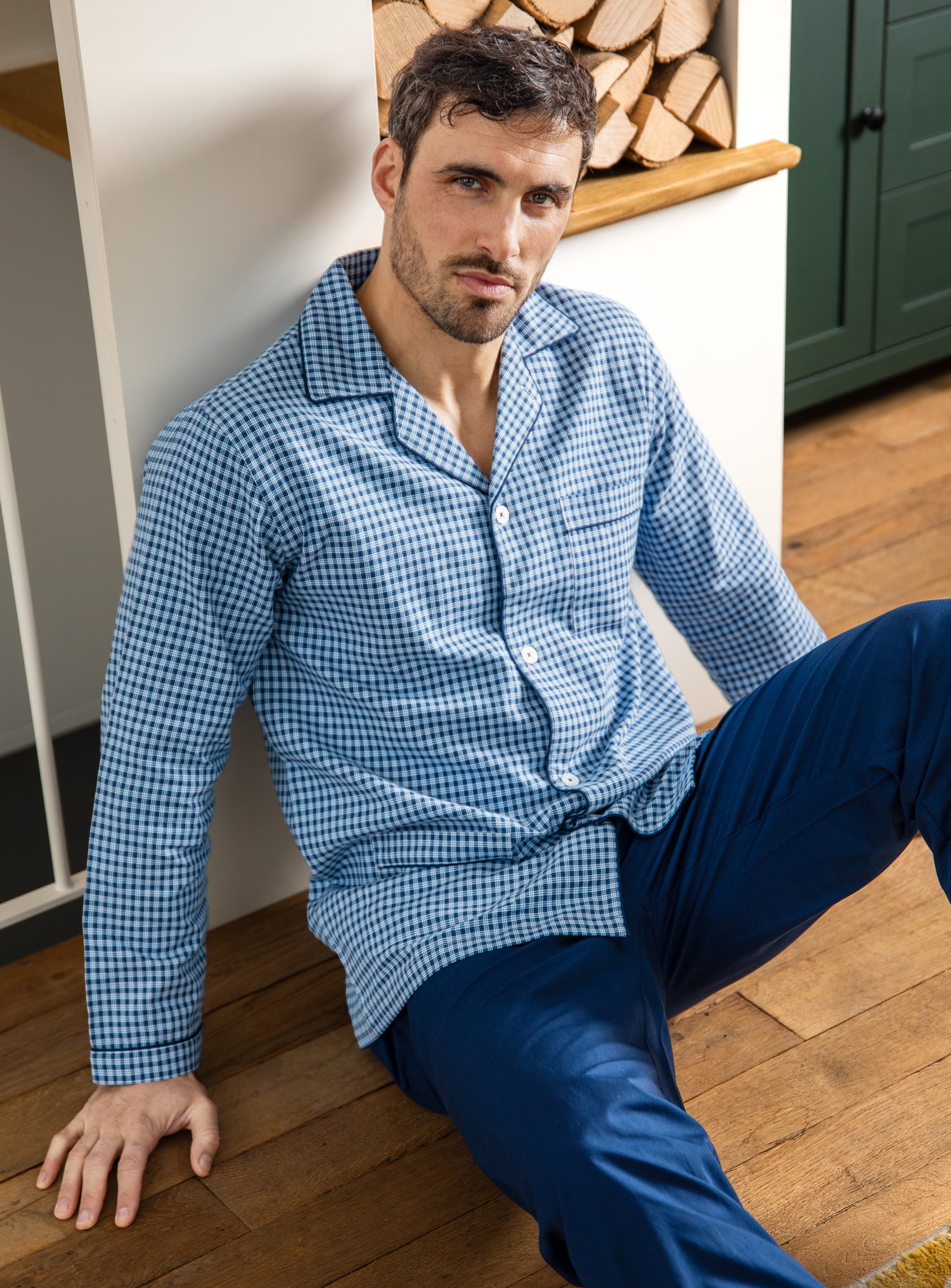 Lange open pyjama in zuiver gekamd katoen popeline ruit NAVY I476