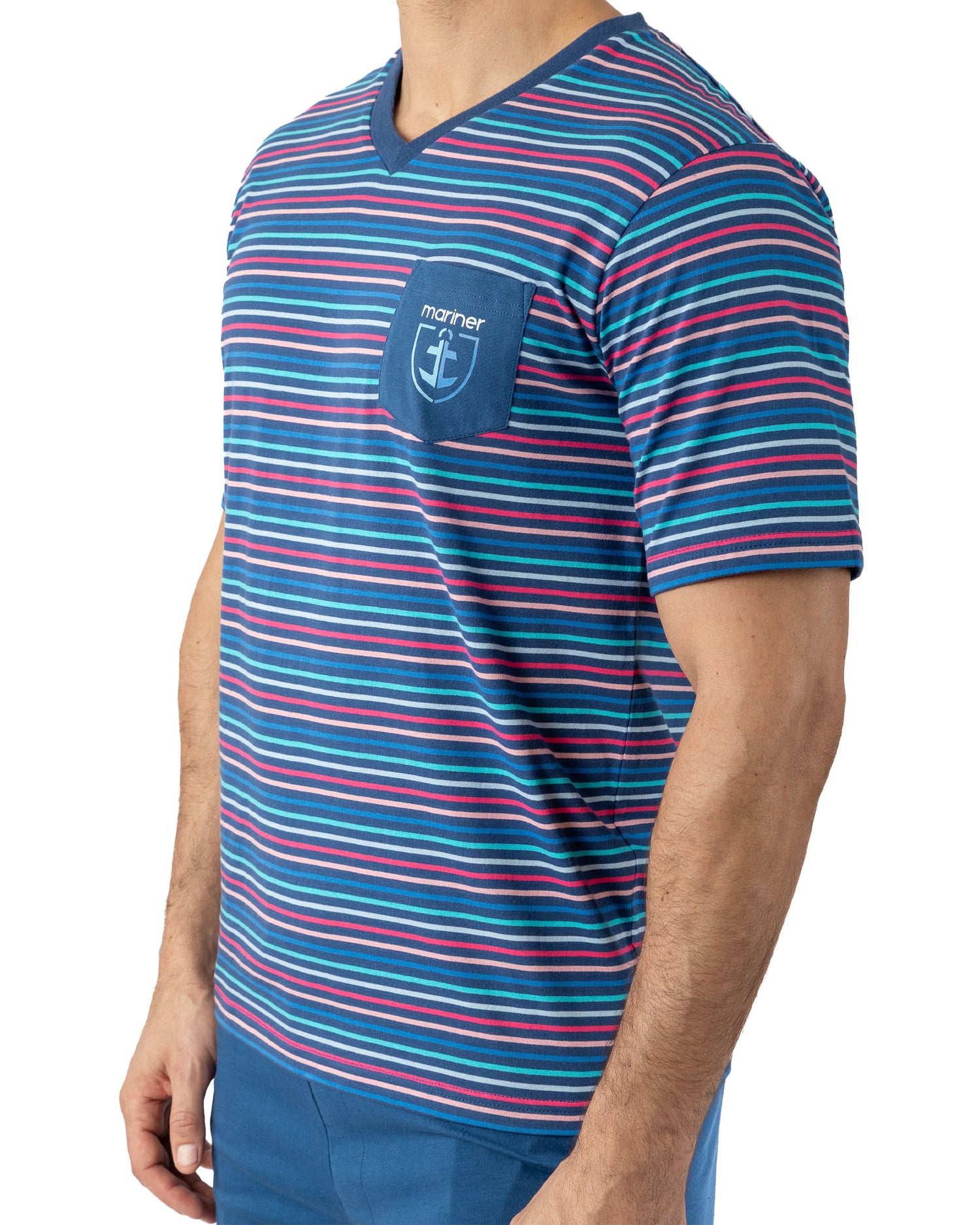 Pyjacourt pour Homme col V en jersey de coton rayé Bleu Indigo I511