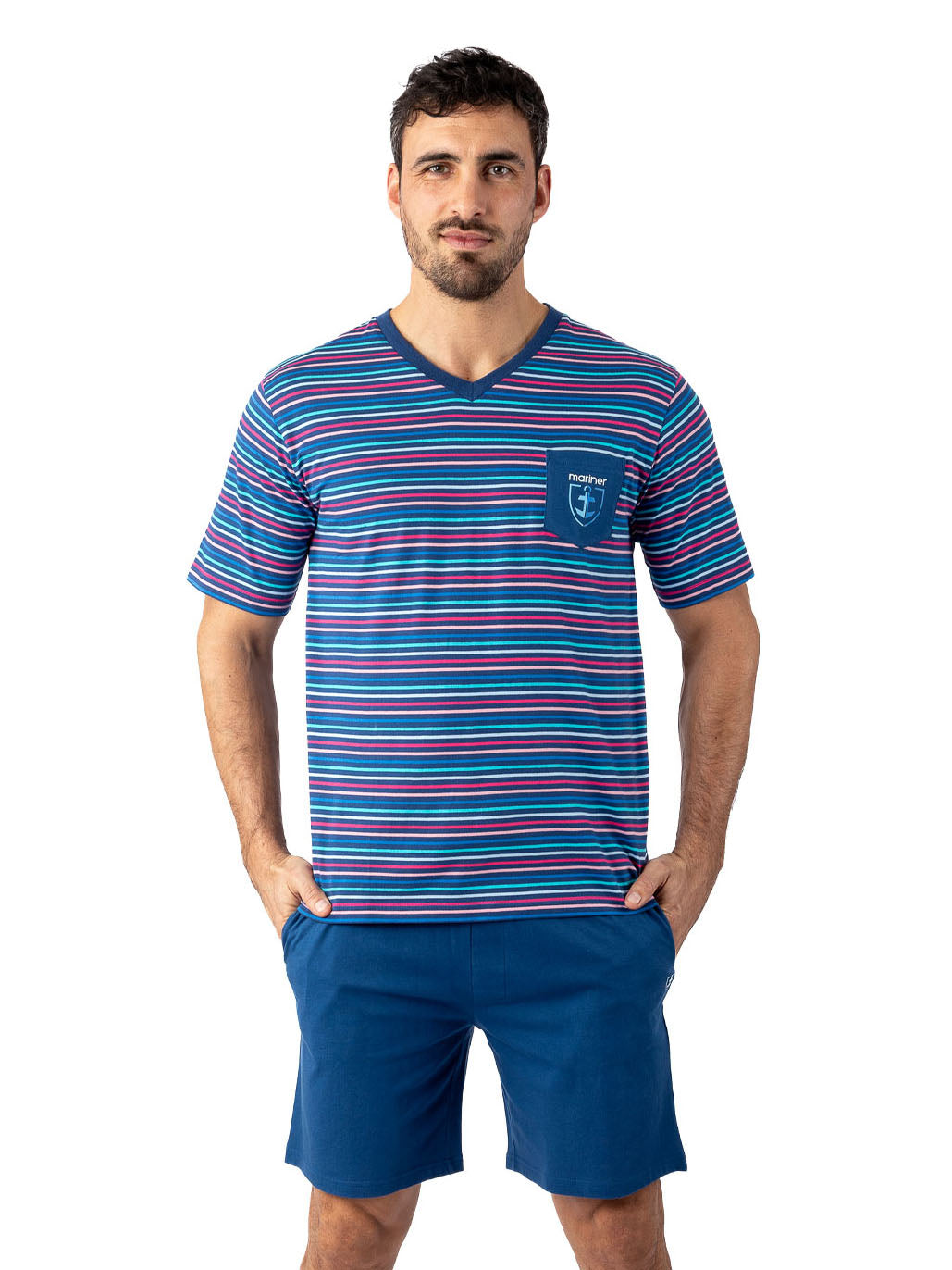 Pyjacourt pour Homme col V en jersey de coton rayé Bleu Indigo I511