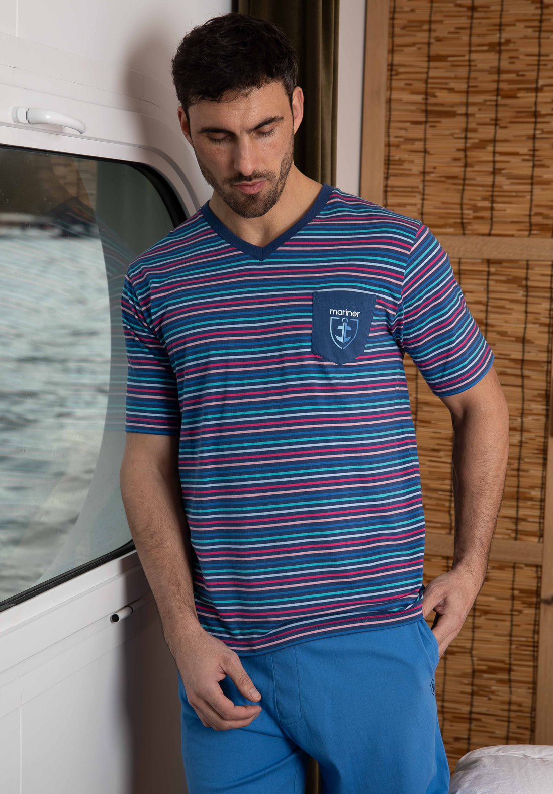 Pyjacourt pour Homme col V en jersey de coton rayé Bleu Indigo I511