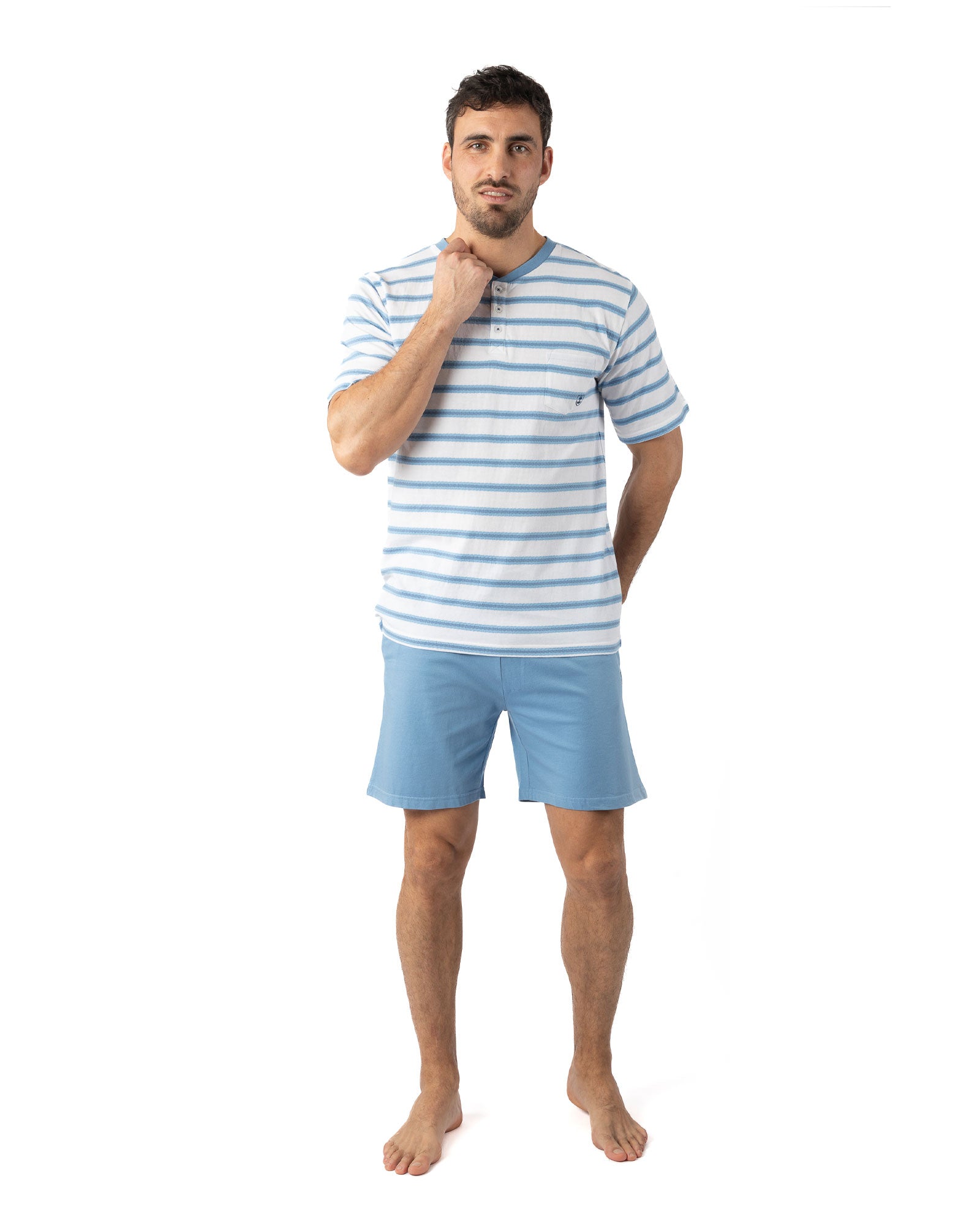 Pyjashort Homme Col Boutonné en maille Jacquard et jersey de coton Bleu I514