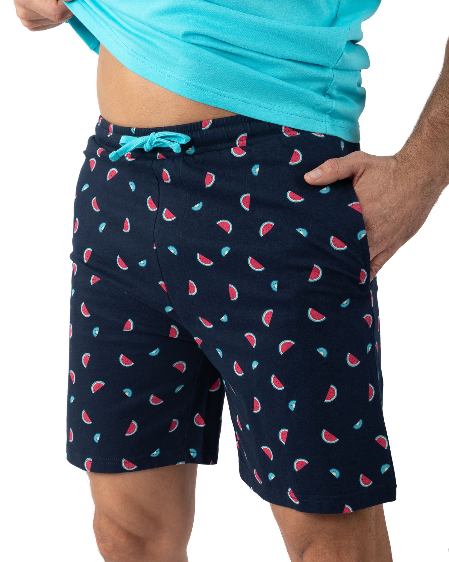 Pyjama short Homme encolure V en jersey de coton uni et imprimé Turquoise I516