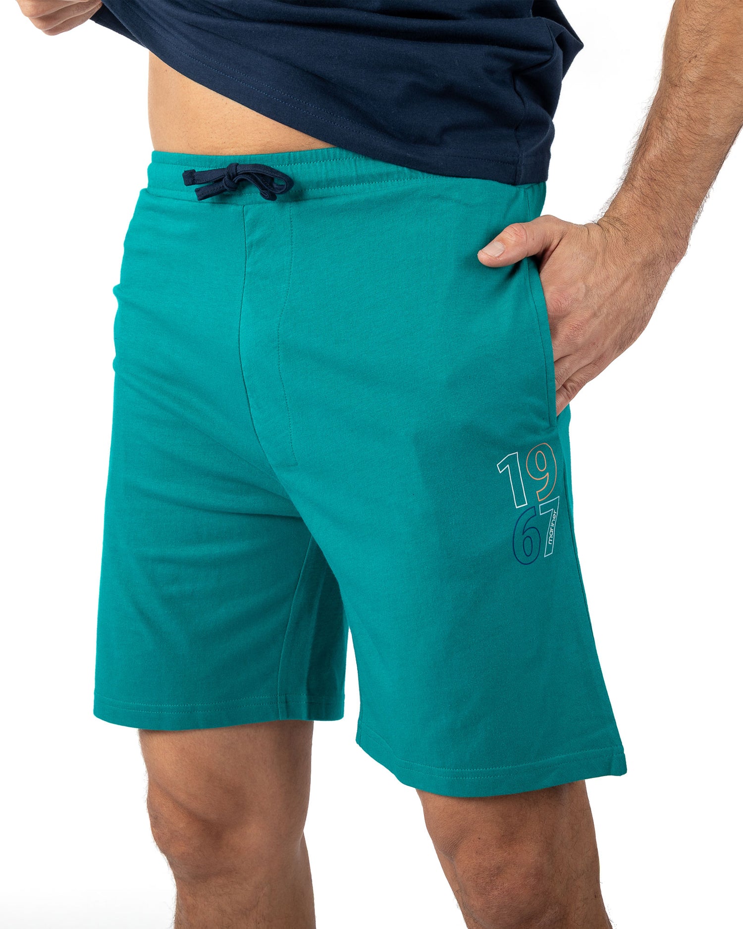 Pyjama short Homme col rond en jersey de coton uni et imprimé Marine I518