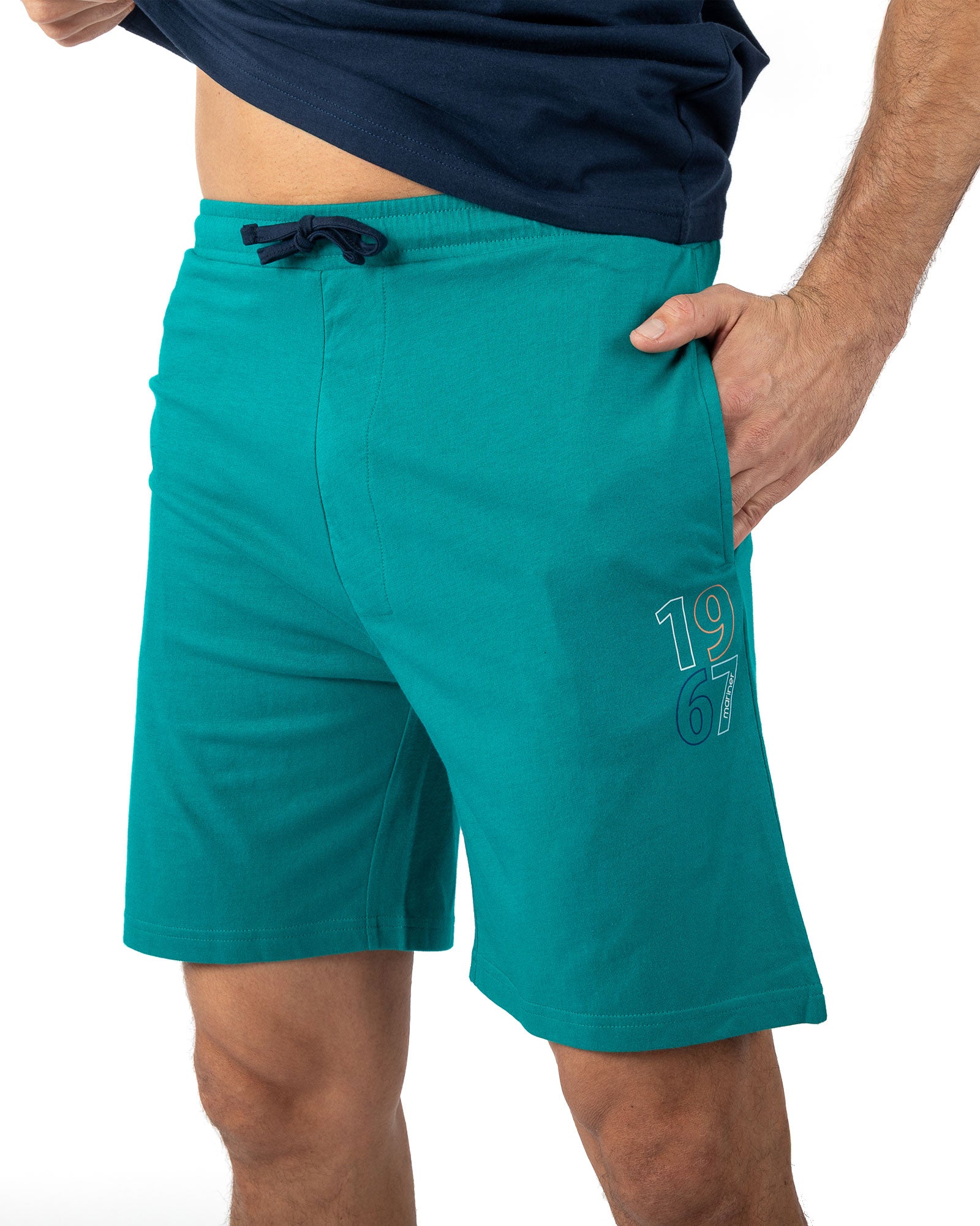 Pyjama short Homme col rond en jersey de coton uni et imprimé Marine I518