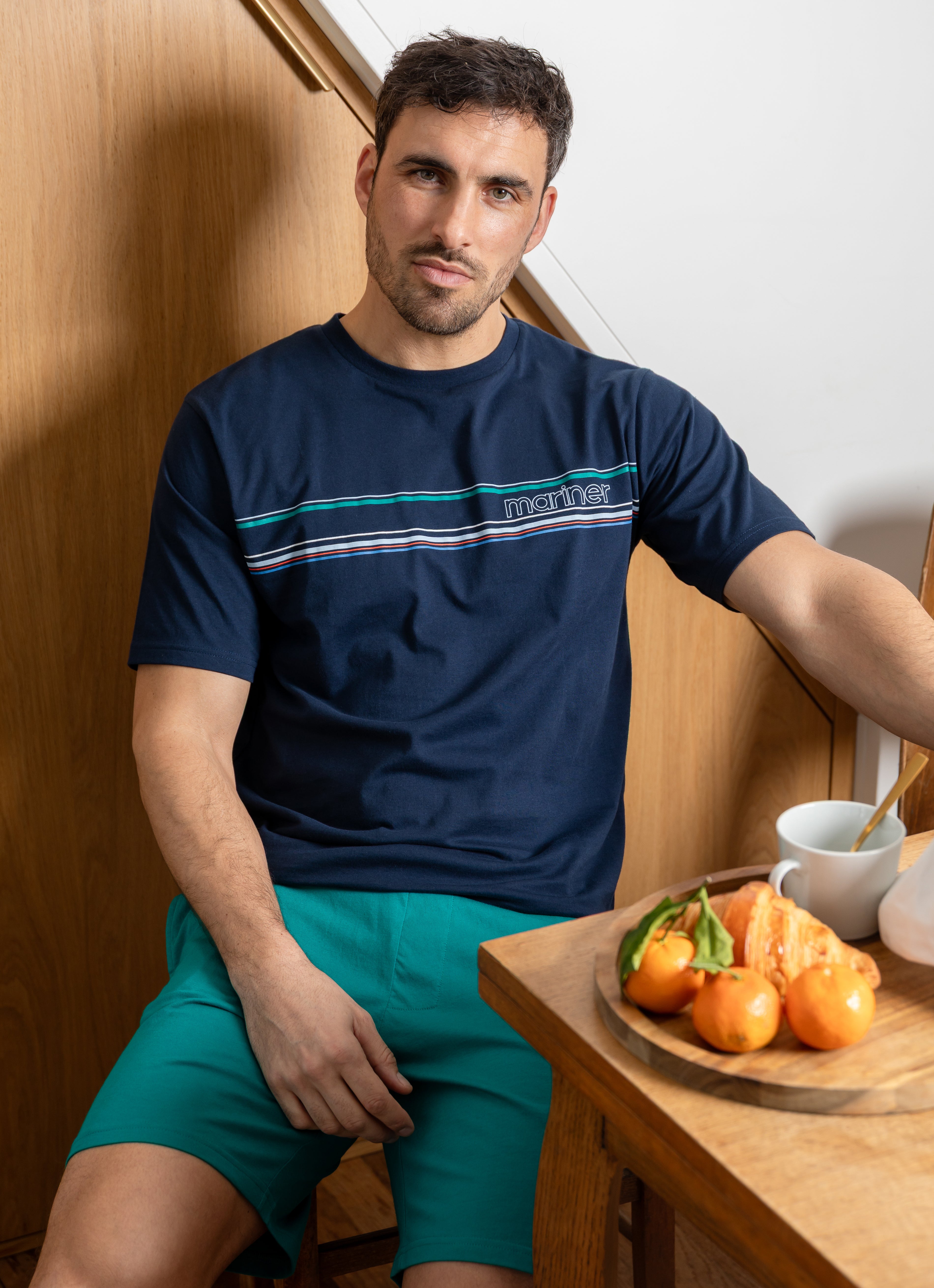 Pyjamashort Navy met ronde hals en bedrukking in katoenjersey voor heren I518