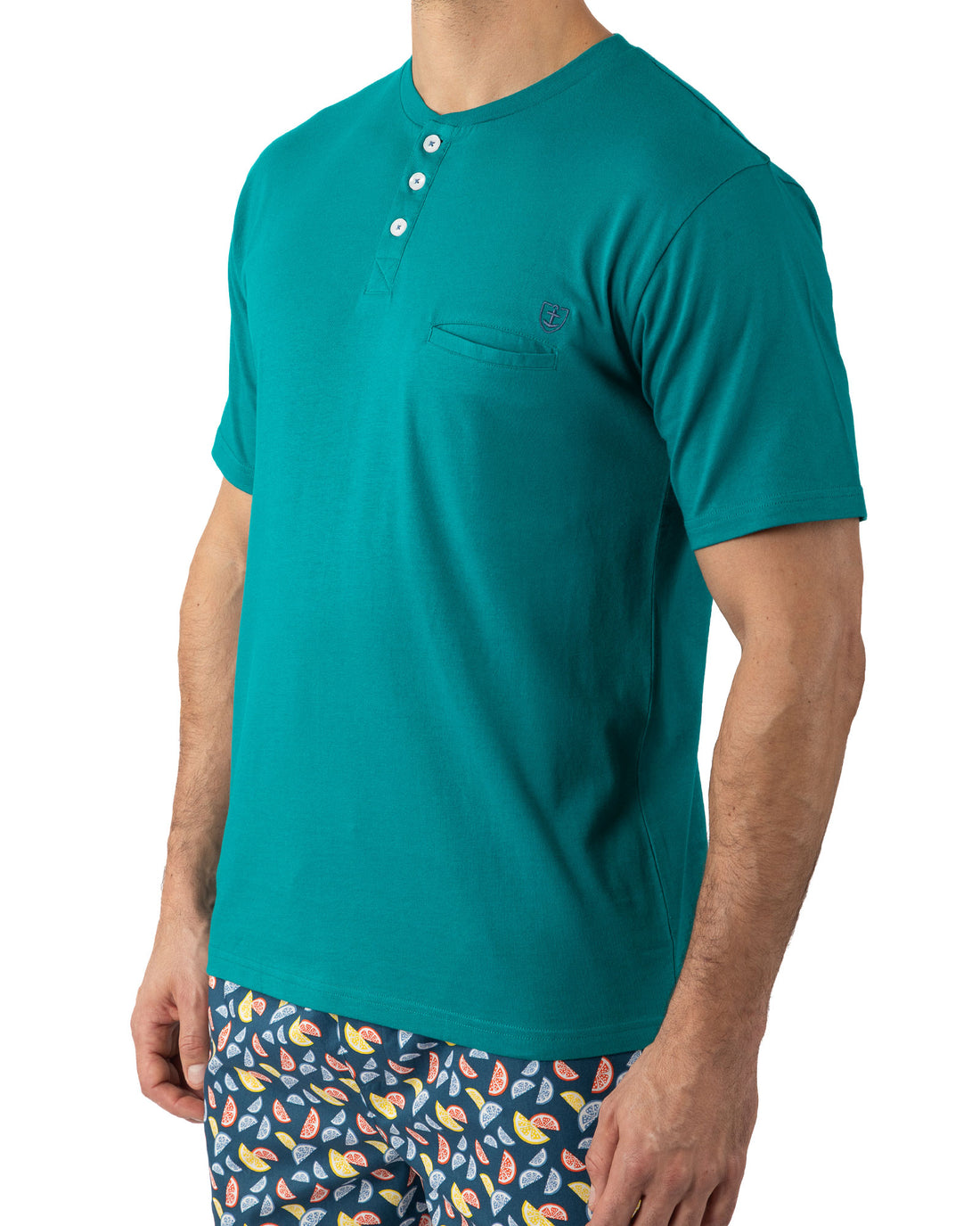 Pyjashort Homme col boutonné en jersey de pur coton uni et  popeline imprimée Canard I521