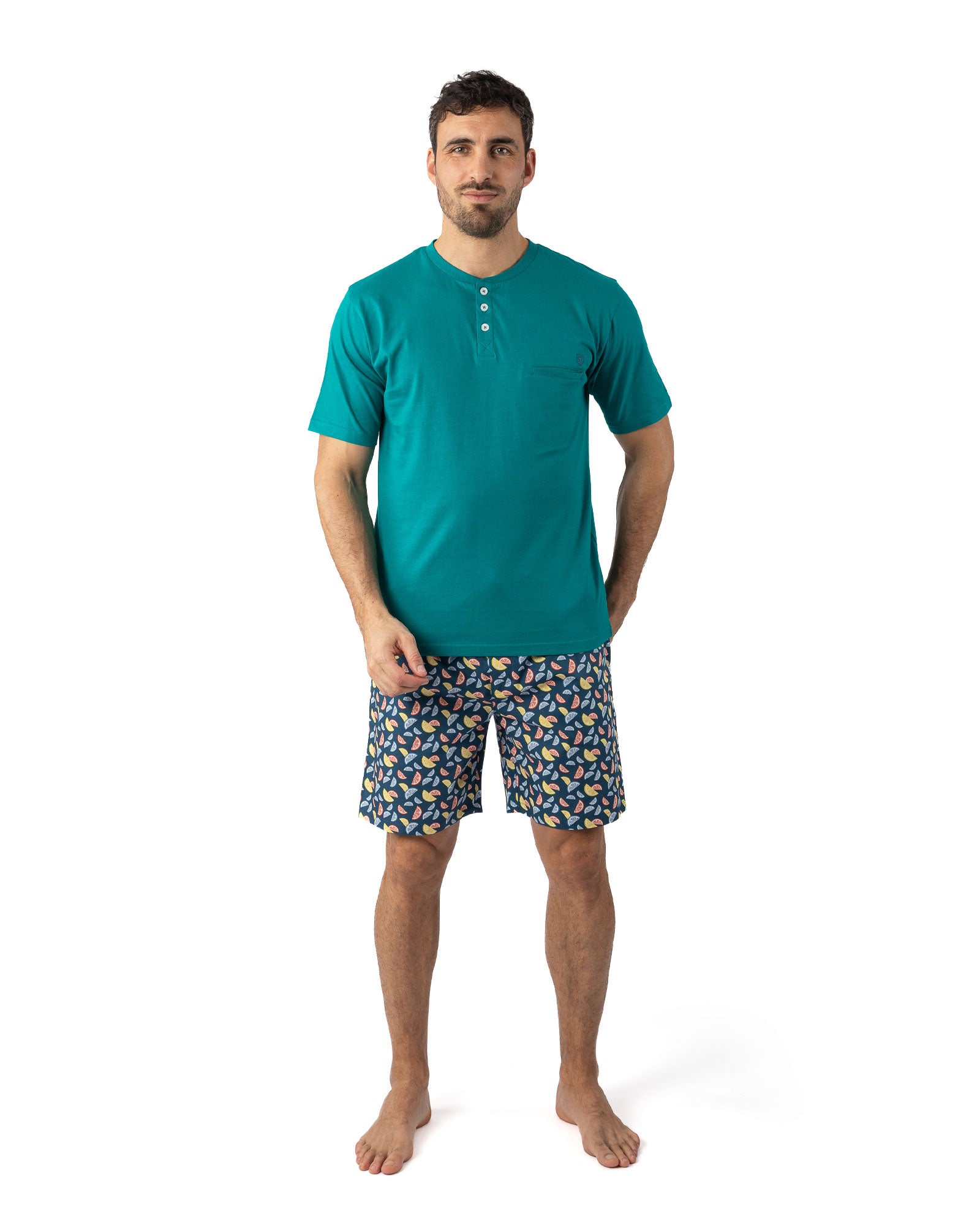 Pyjashort Homme col boutonné en jersey de pur coton uni et  popeline imprimée Canard I521