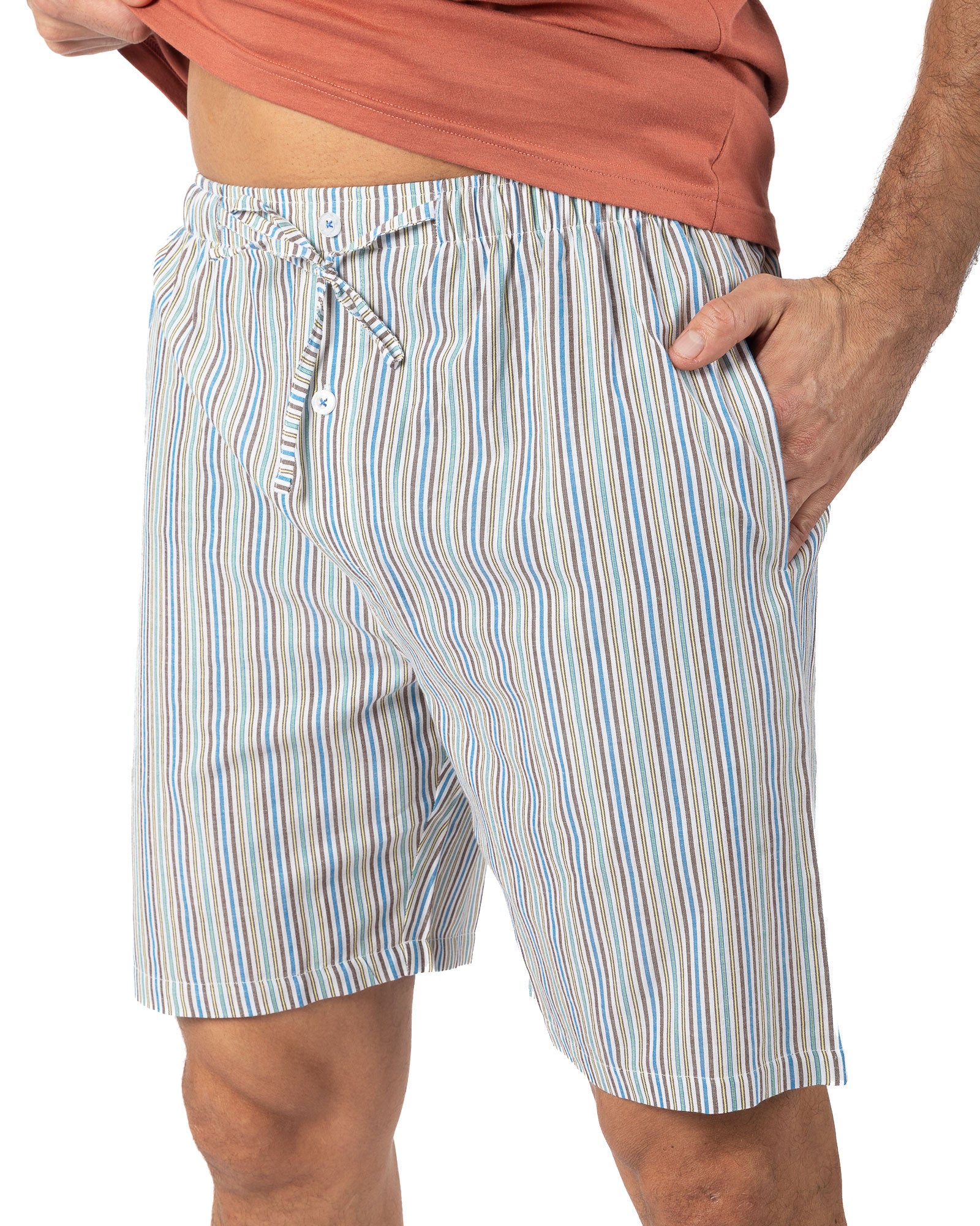 Pyjashort Homme Col V en jersey de pur coton uni et popeline rayée Havane I522