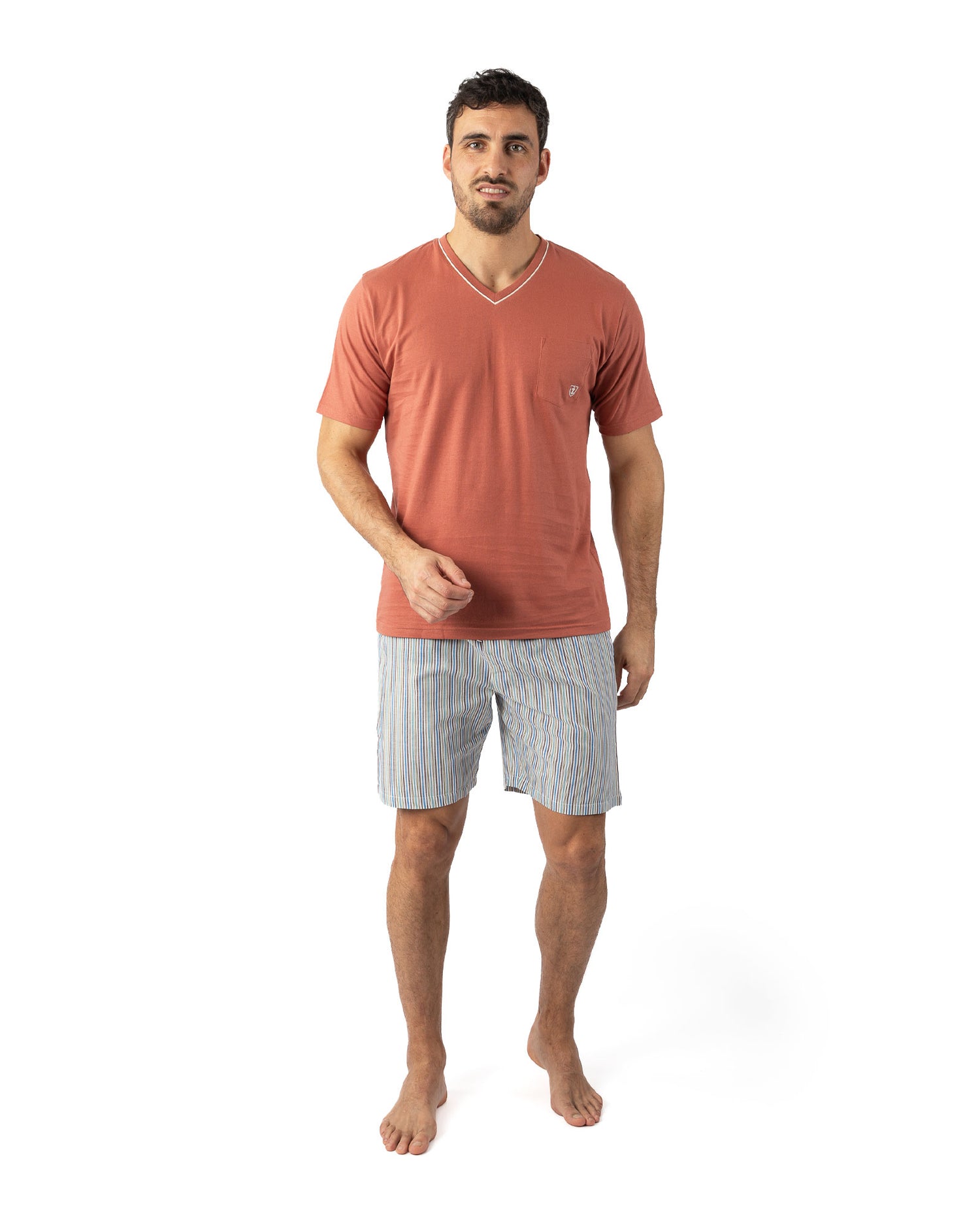 Pyjashort Homme Col V en jersey de pur coton uni et popeline rayée Havane I522